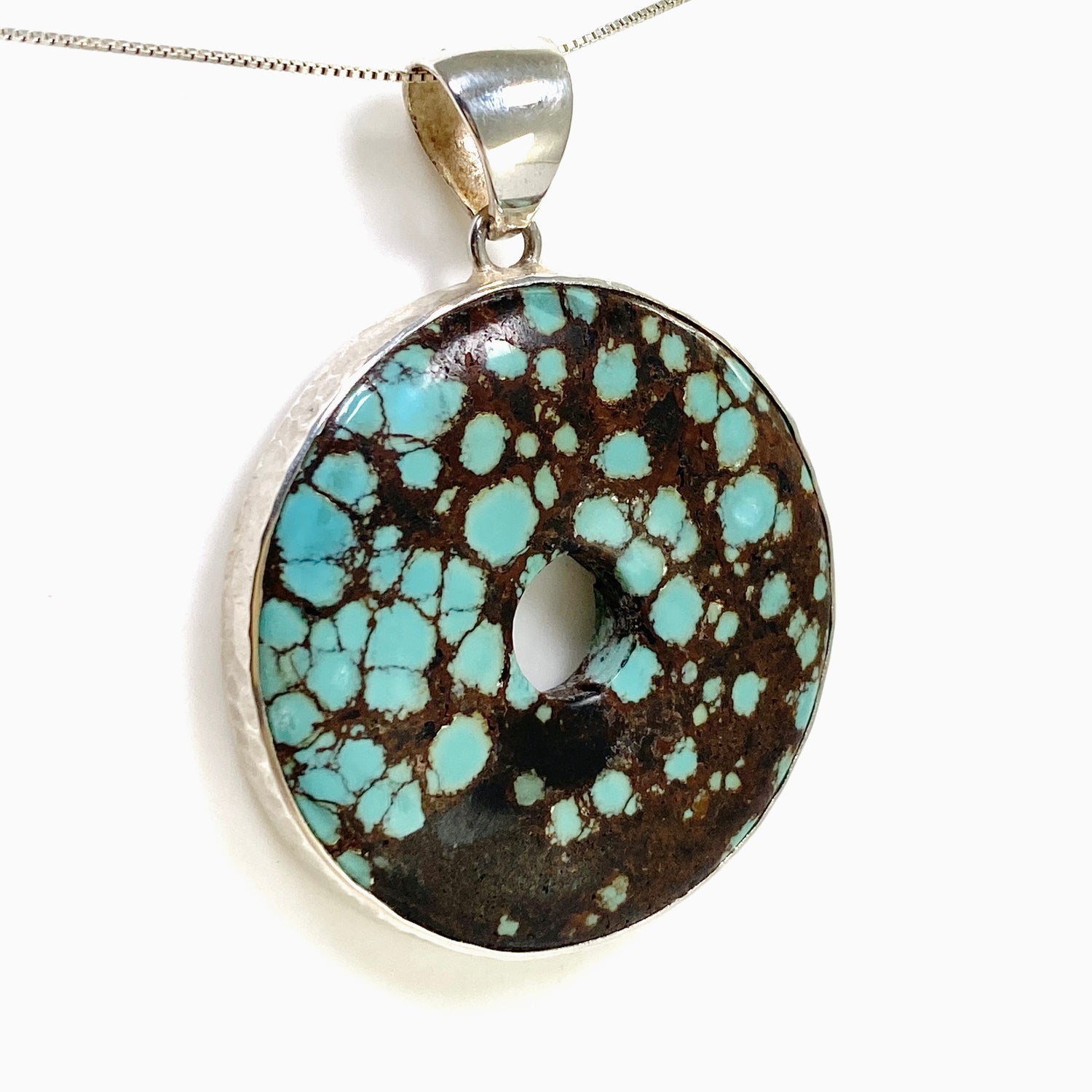 Tibetan Turquoise Round Donut Cabochon Pendant in a Hammered Setting KPGJ4873