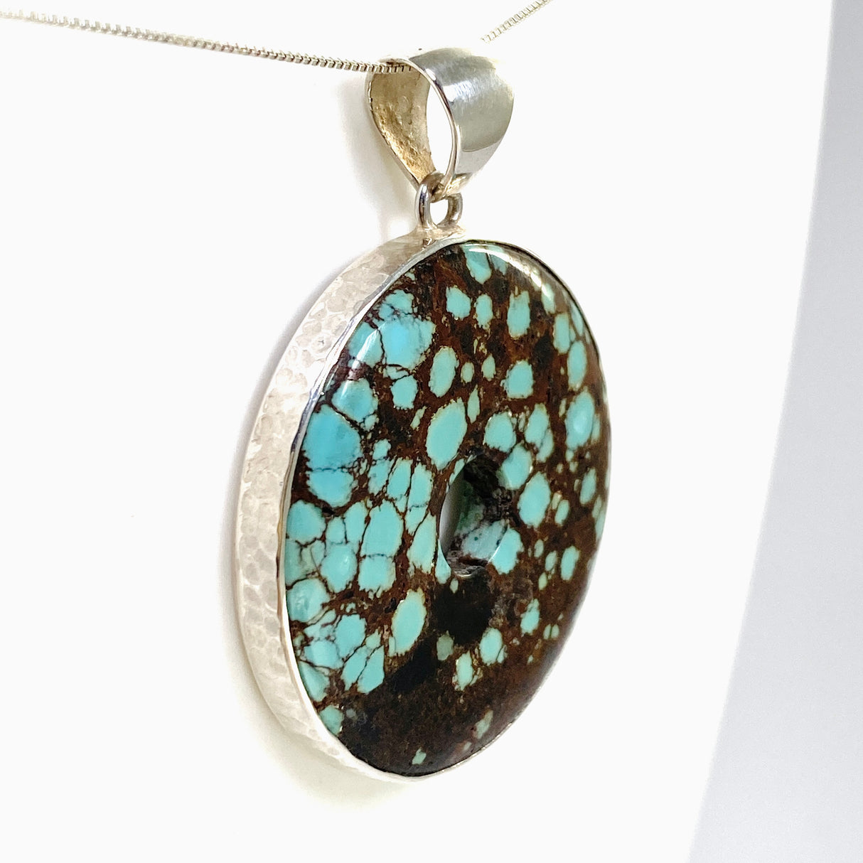 Tibetan Turquoise Round Donut Cabochon Pendant in a Hammered Setting KPGJ4873