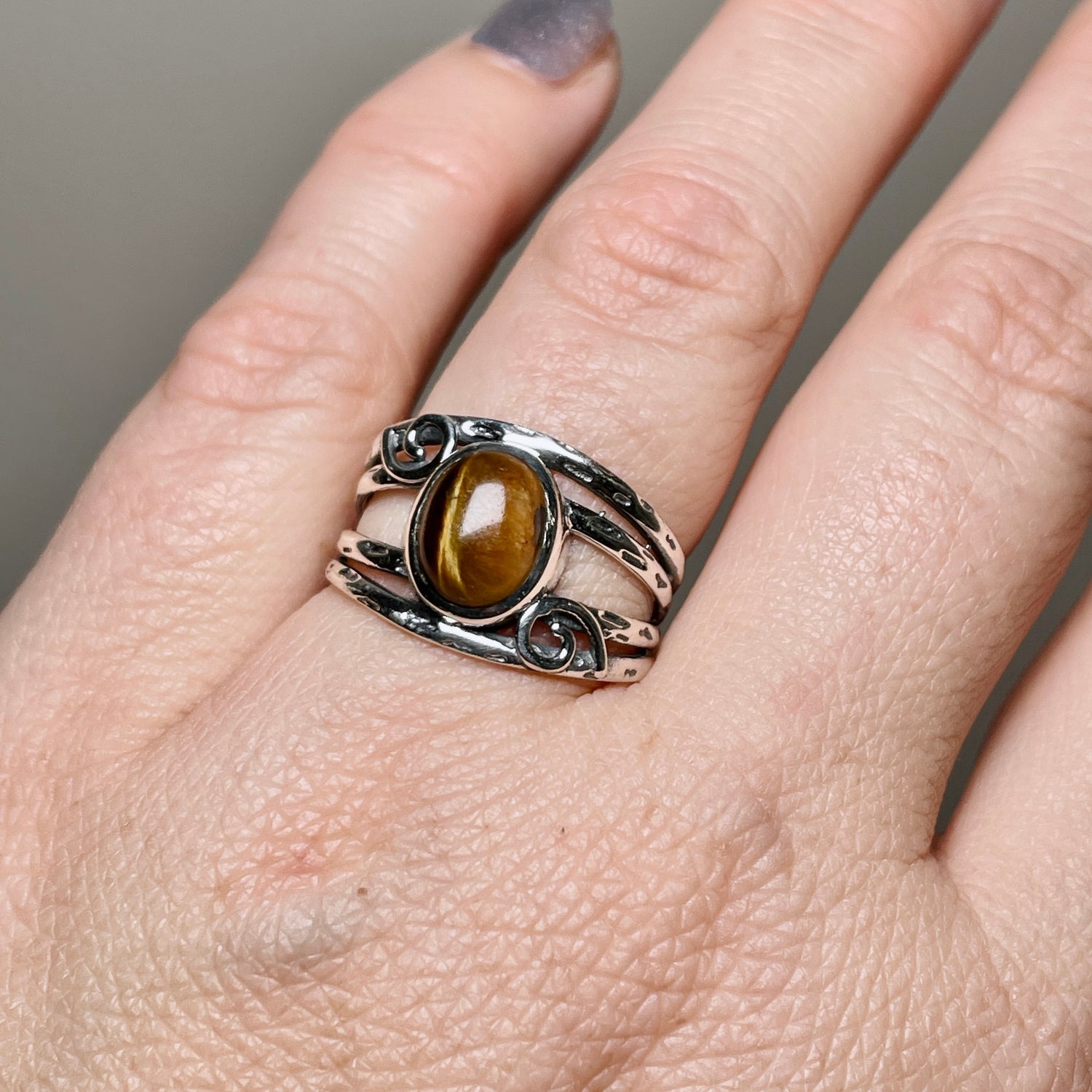 Tiger's Eye Oval Cabochon Ring in a Decorative Setting R4025