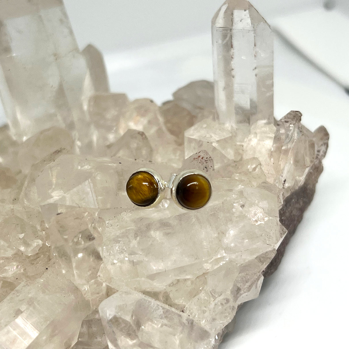Tiger's Eye Round Cabochon Bezel Set Stud Earrings 5.5mm PSE024