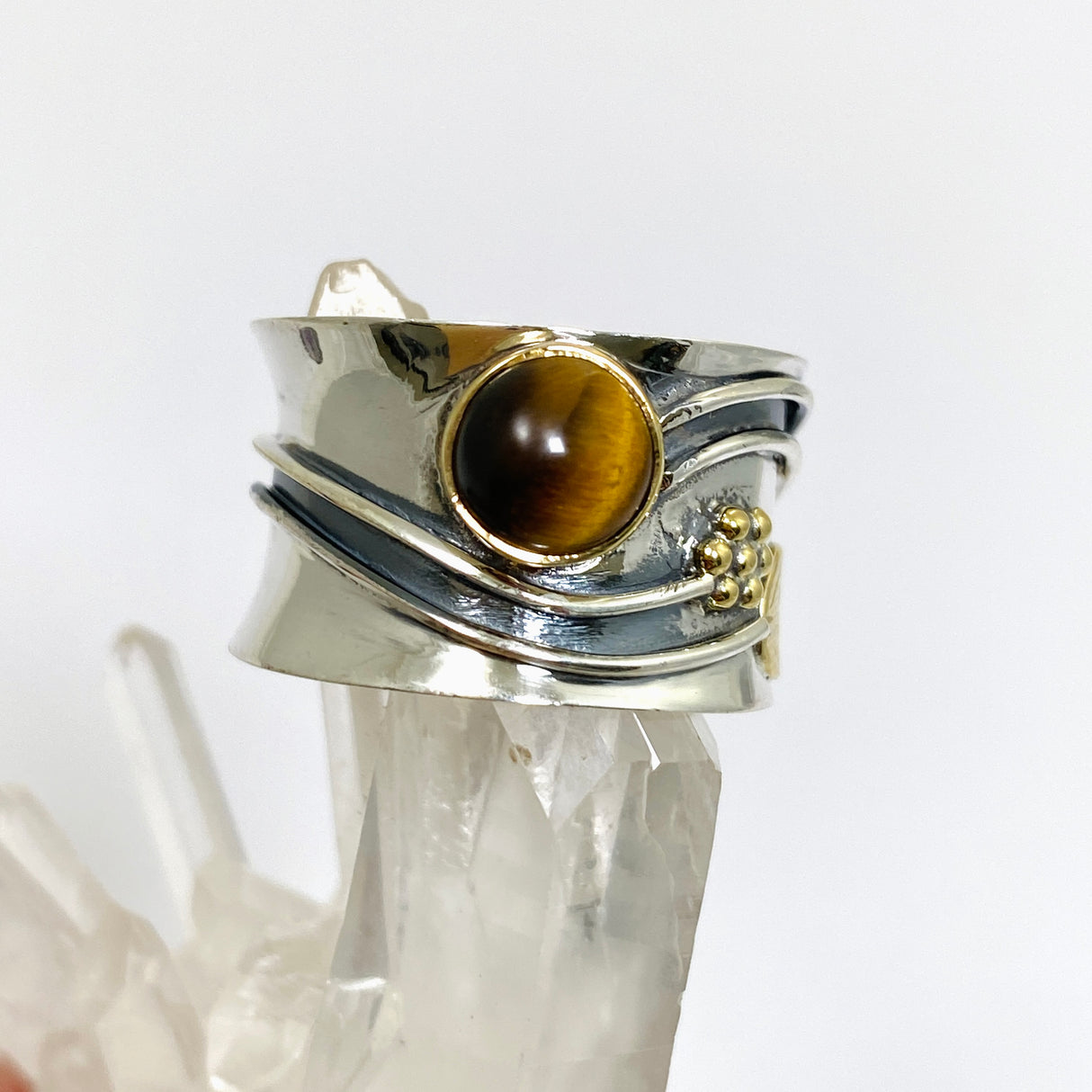 Tiger's Eye Round Cabochon Ring in a Decorative Setting R4198