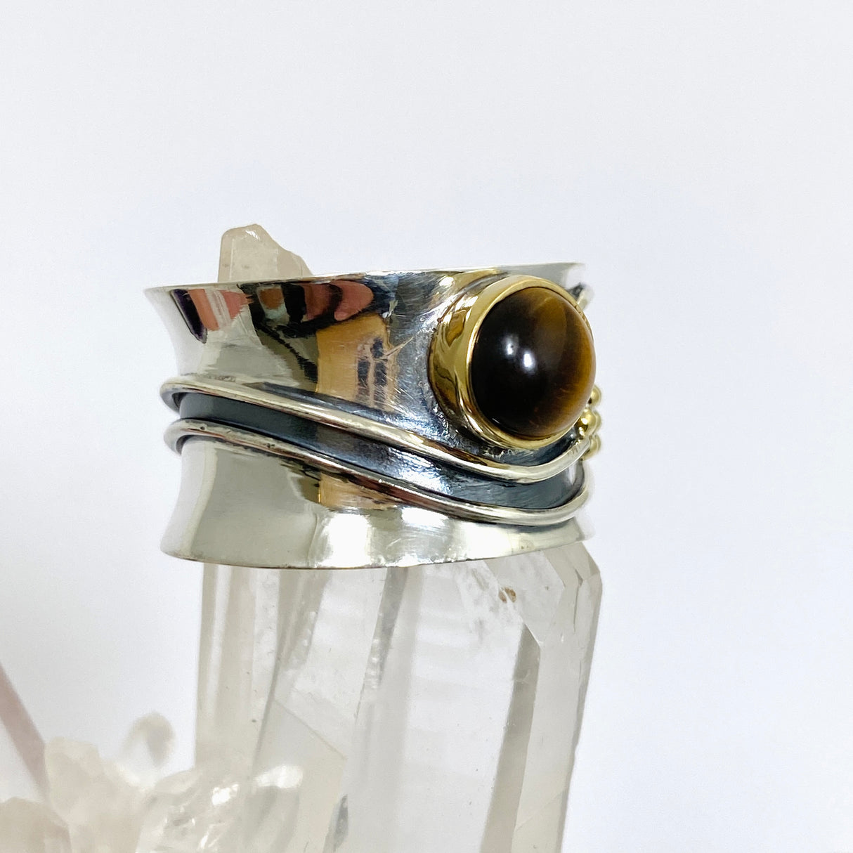 Tiger's Eye Round Cabochon Ring in a Decorative Setting R4198