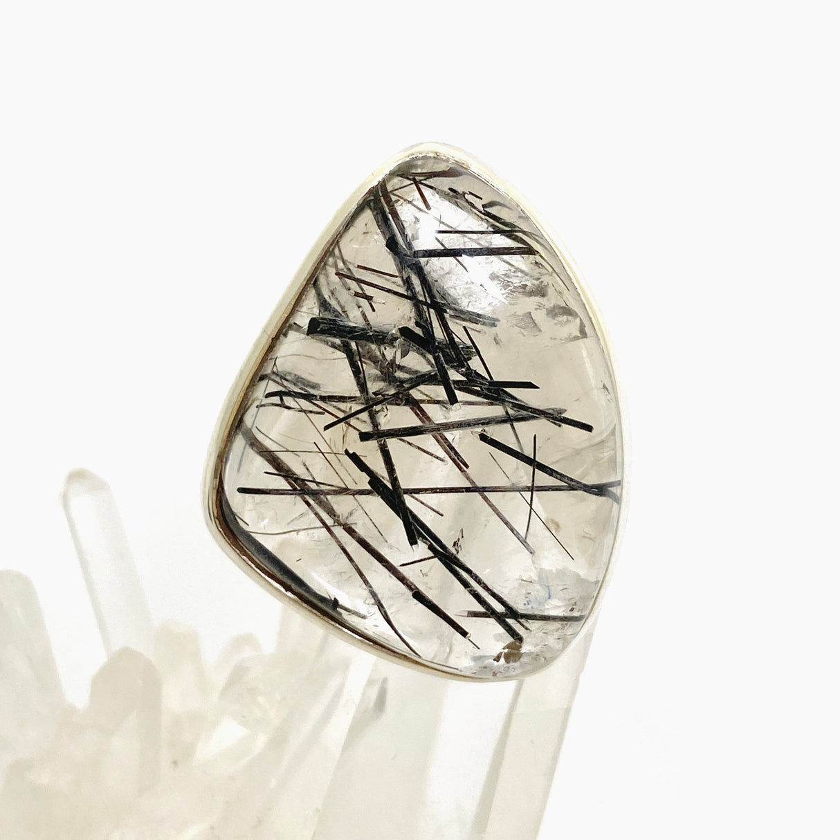 Tourmalinated Quartz Freeform Cabochon Ring Size 12 PRGJ907