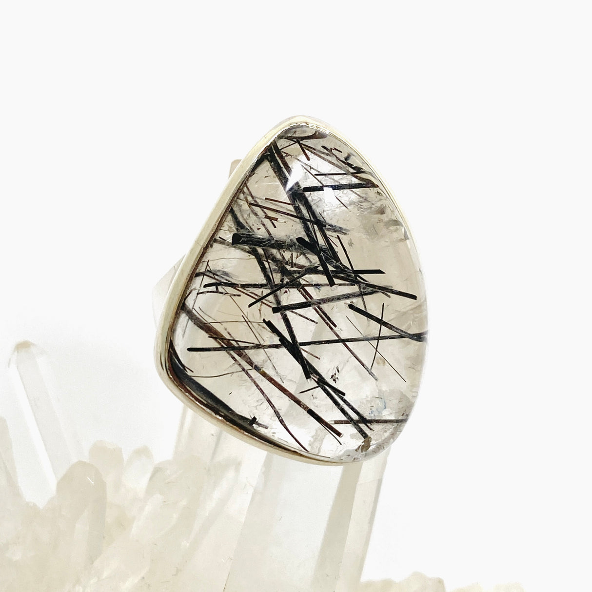 Tourmalinated Quartz Freeform Cabochon Ring Size 12 PRGJ907