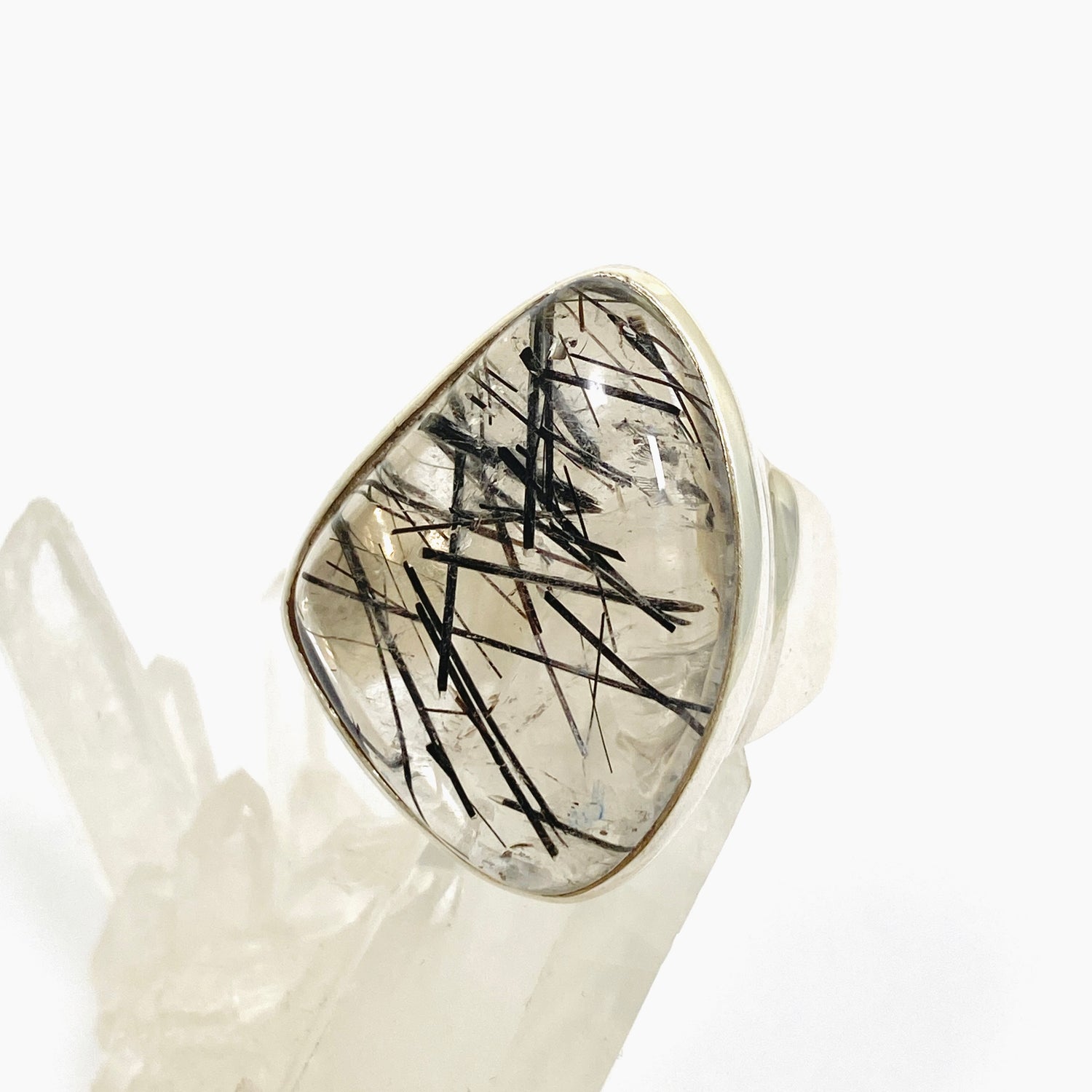 Tourmalinated Quartz Freeform Cabochon Ring Size 12 PRGJ907