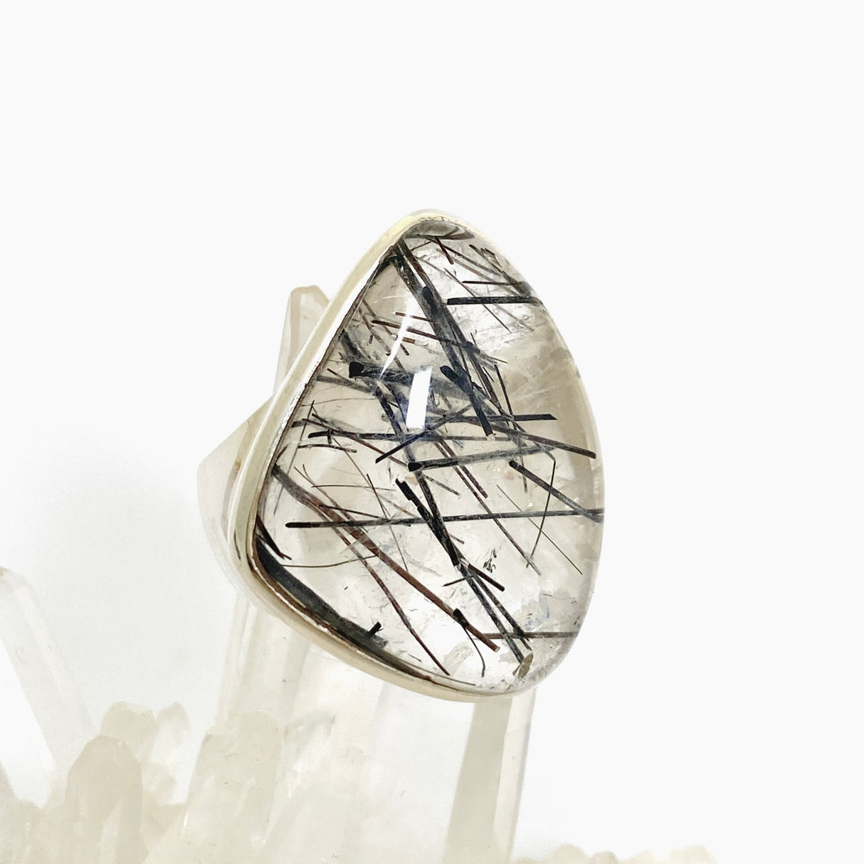Tourmalinated Quartz Freeform Cabochon Ring Size 12 PRGJ907