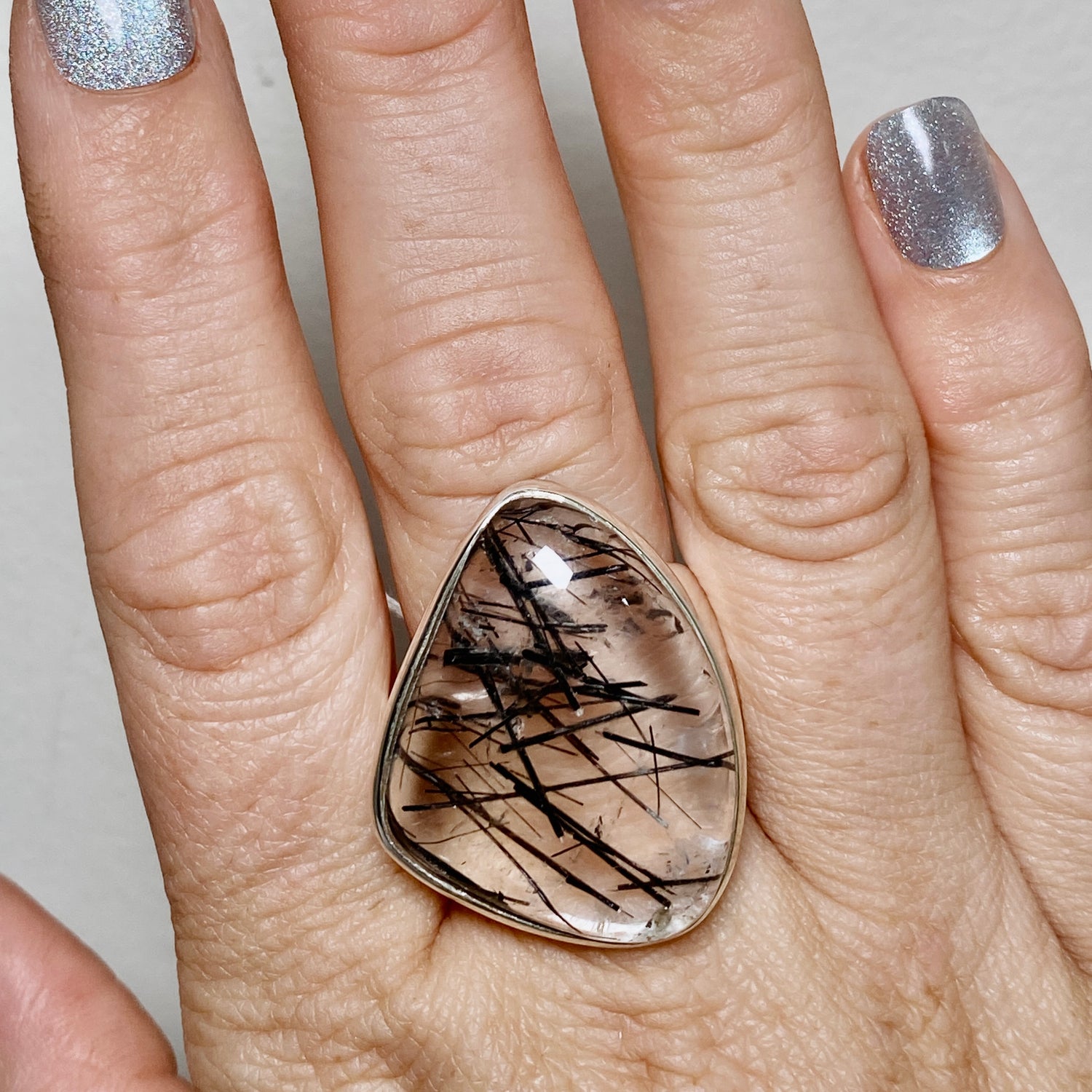 Tourmalinated Quartz Freeform Cabochon Ring Size 12 PRGJ907