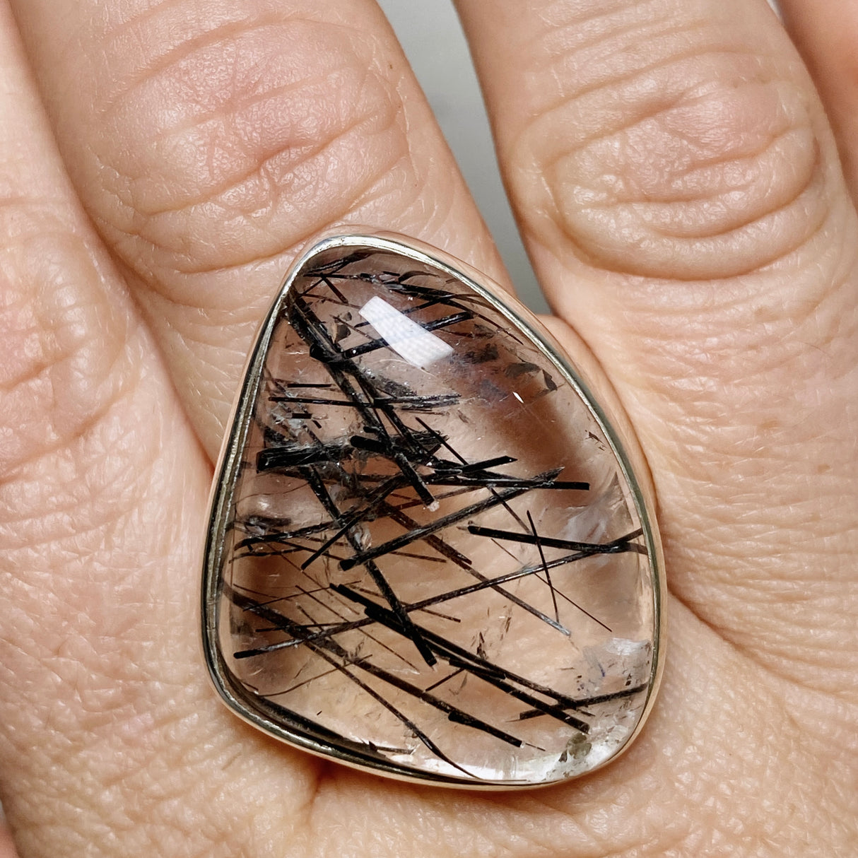 Tourmalinated Quartz Freeform Cabochon Ring Size 12 PRGJ907