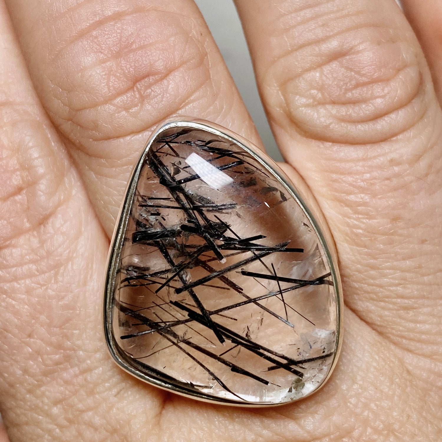 Tourmalinated Quartz Freeform Cabochon Ring Size 12 PRGJ907