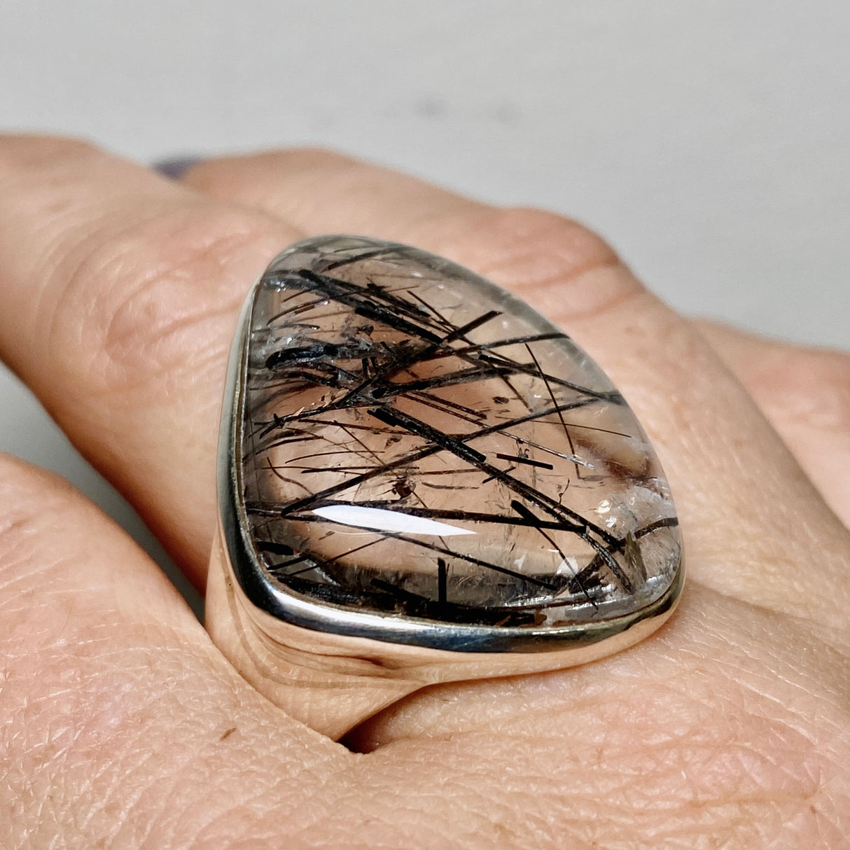 Tourmalinated Quartz Freeform Cabochon Ring Size 12 PRGJ907
