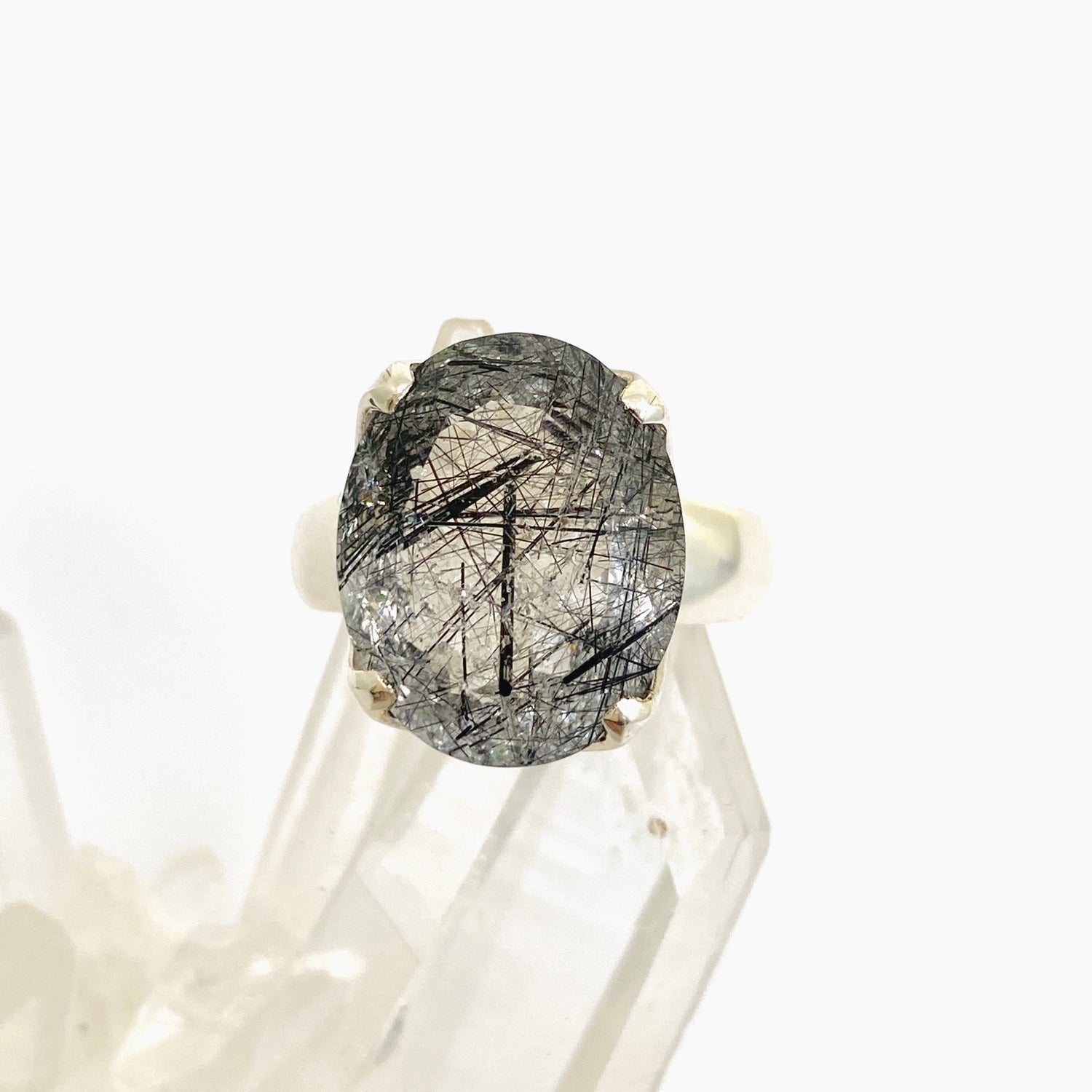 Tourmalinated Quartz Oval Faceted Ring Size 7.5 PRGJ903