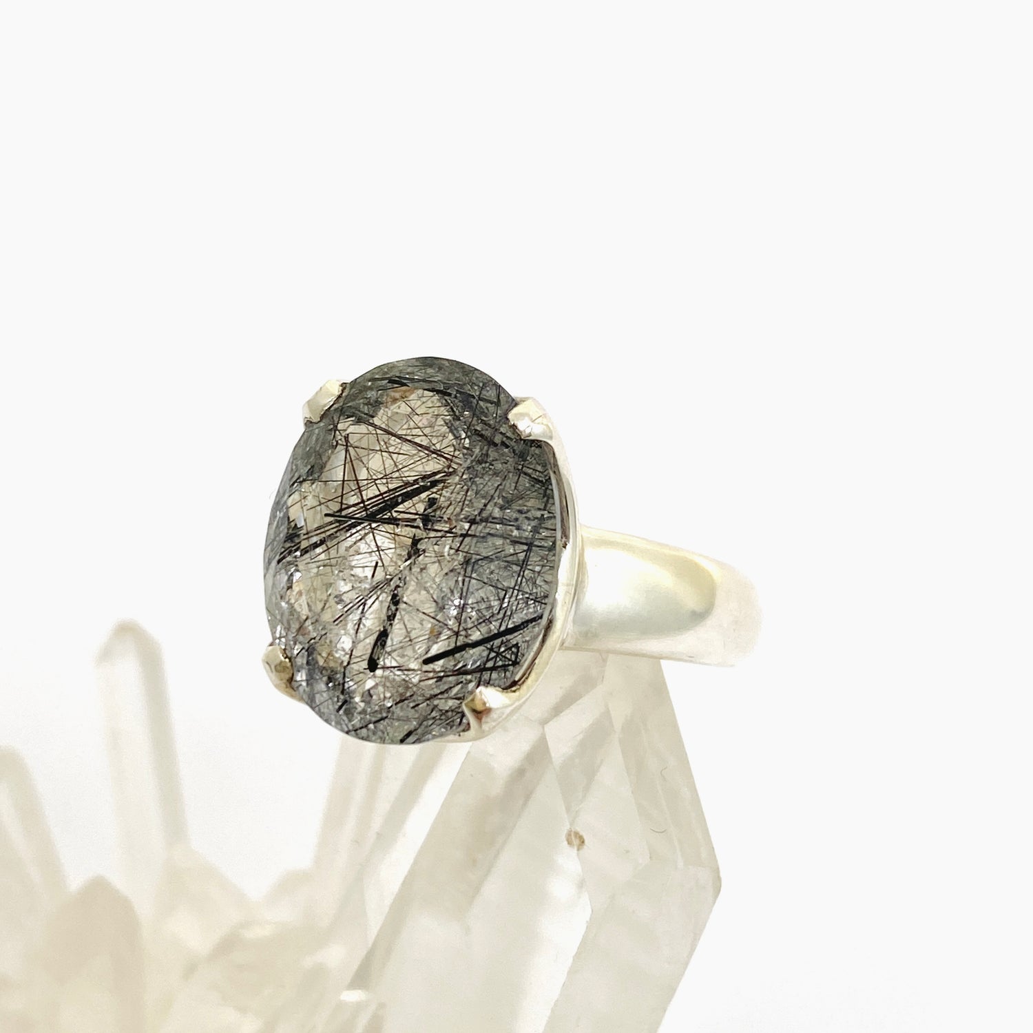 Tourmalinated Quartz Oval Faceted Ring Size 7.5 PRGJ903