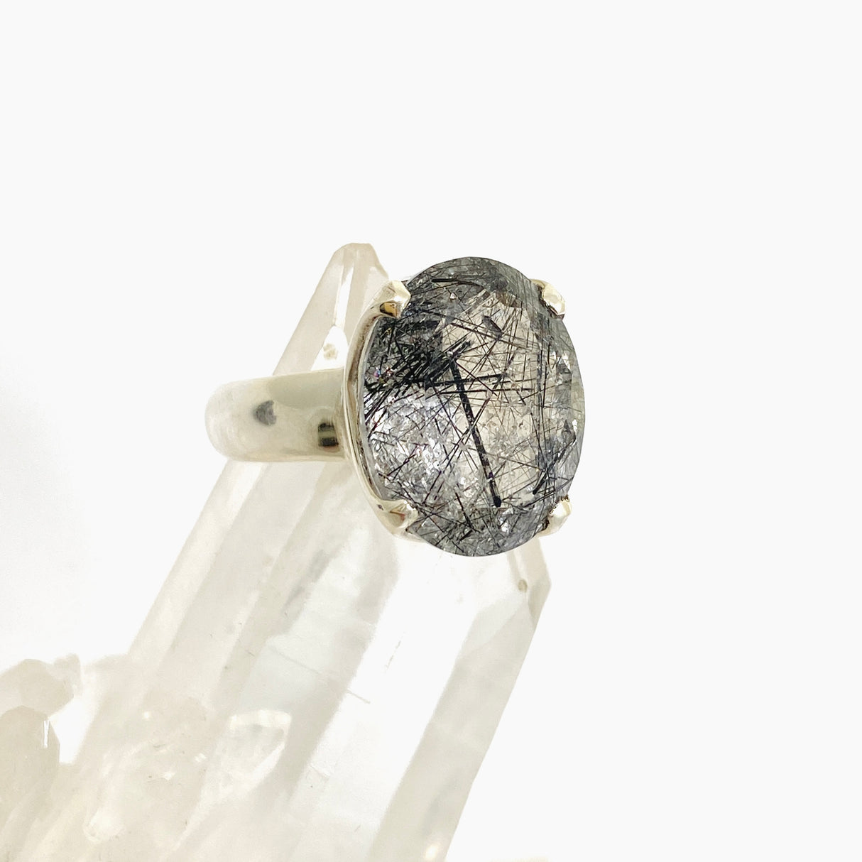 Tourmalinated Quartz Oval Faceted Ring Size 7.5 PRGJ903
