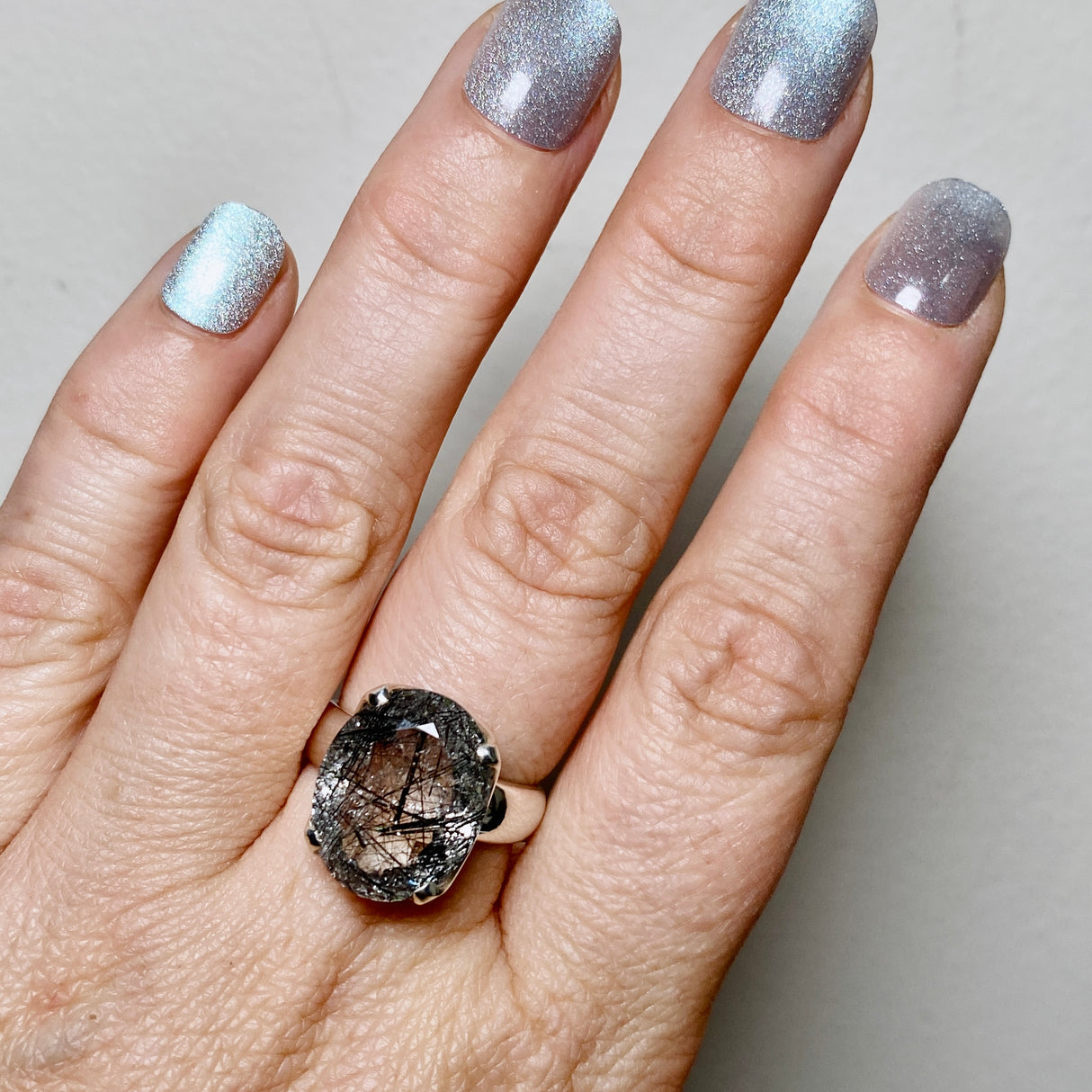 Tourmalinated Quartz Oval Faceted Ring Size 7.5 PRGJ903