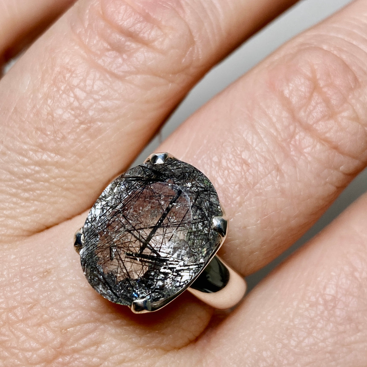 Tourmalinated Quartz Oval Faceted Ring Size 7.5 PRGJ903