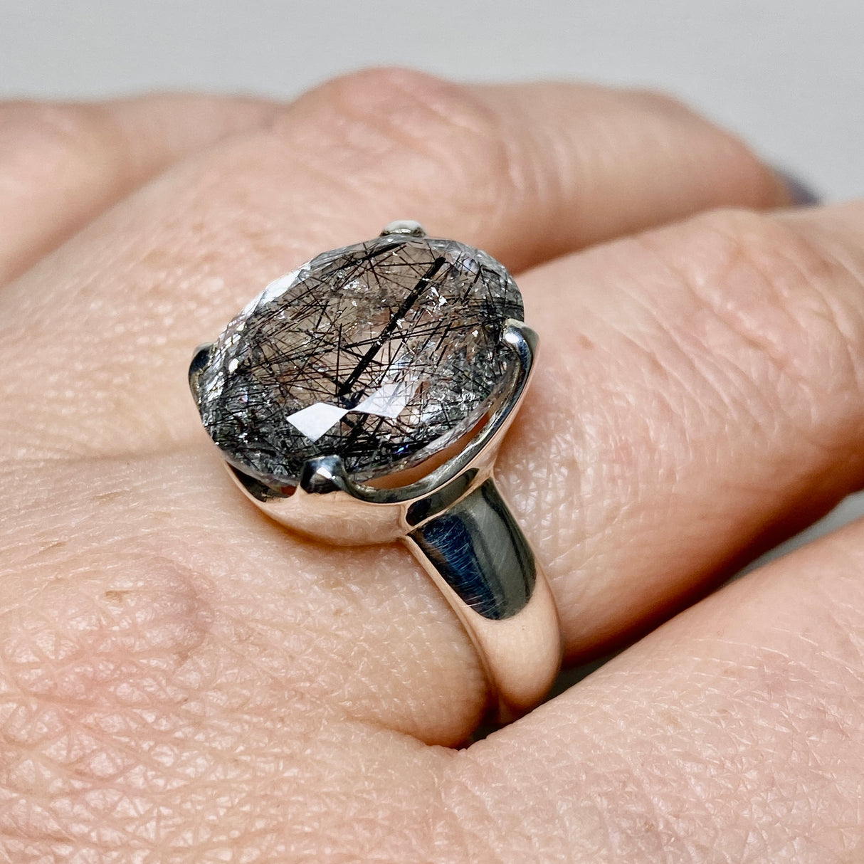 Tourmalinated Quartz Oval Faceted Ring Size 7.5 PRGJ903