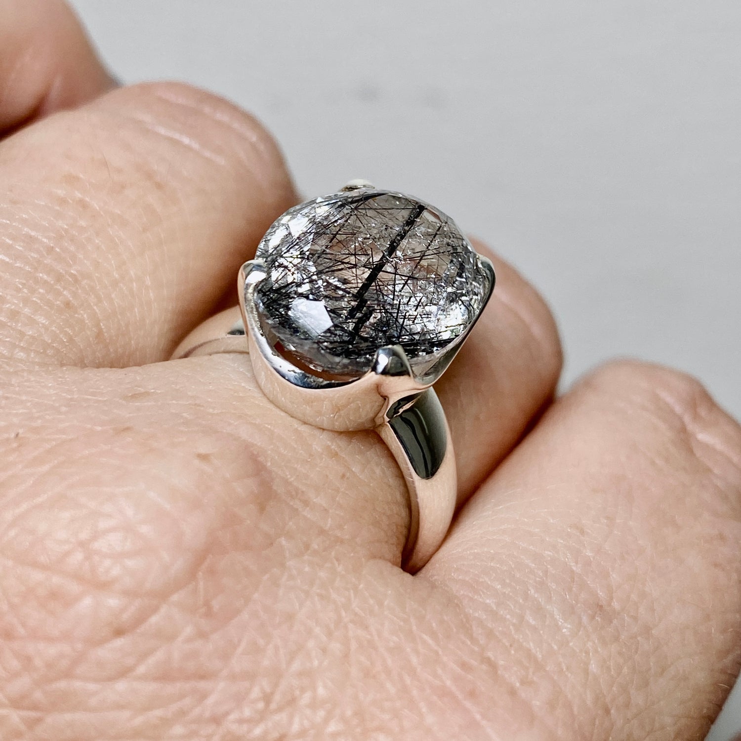 Tourmalinated Quartz Oval Faceted Ring Size 7.5 PRGJ903