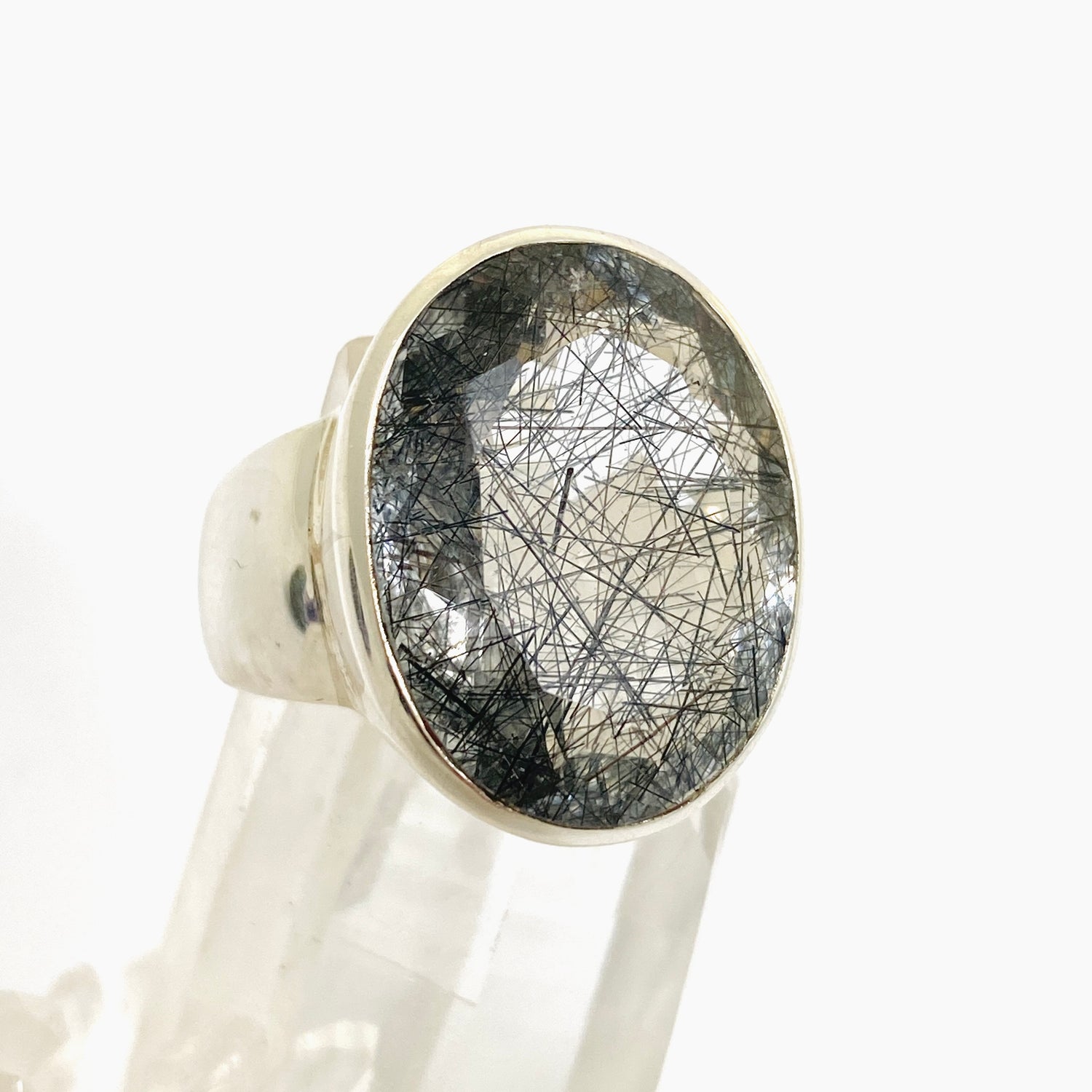 Tourmalinated Quartz Oval Faceted Ring Size 8.5 PRGJ904