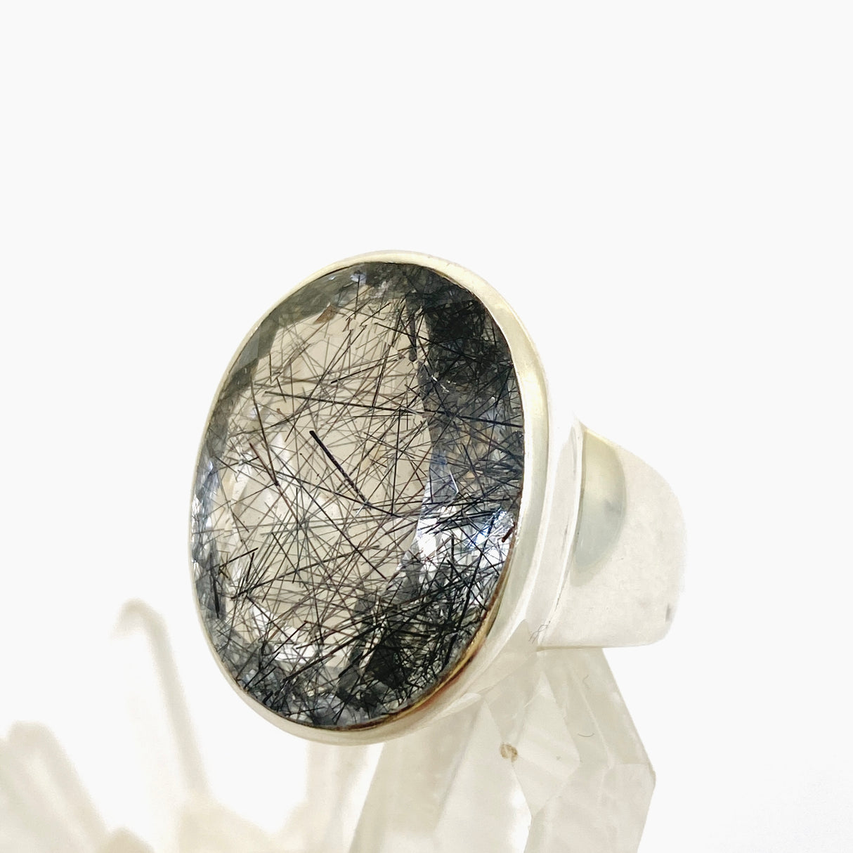 Tourmalinated Quartz Oval Faceted Ring Size 8.5 PRGJ904