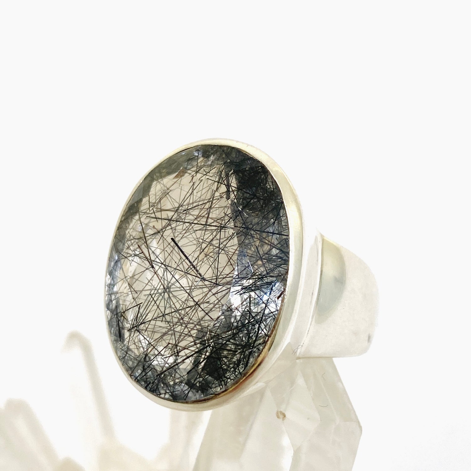 Tourmalinated Quartz Oval Faceted Ring Size 8.5 PRGJ904