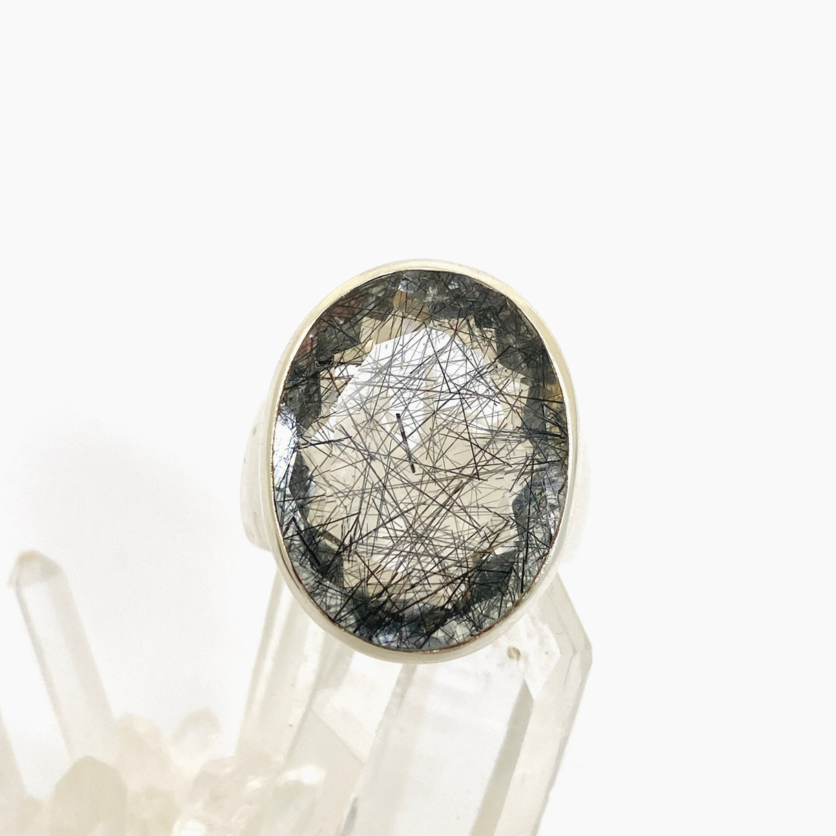 Tourmalinated Quartz Oval Faceted Ring Size 8.5 PRGJ904