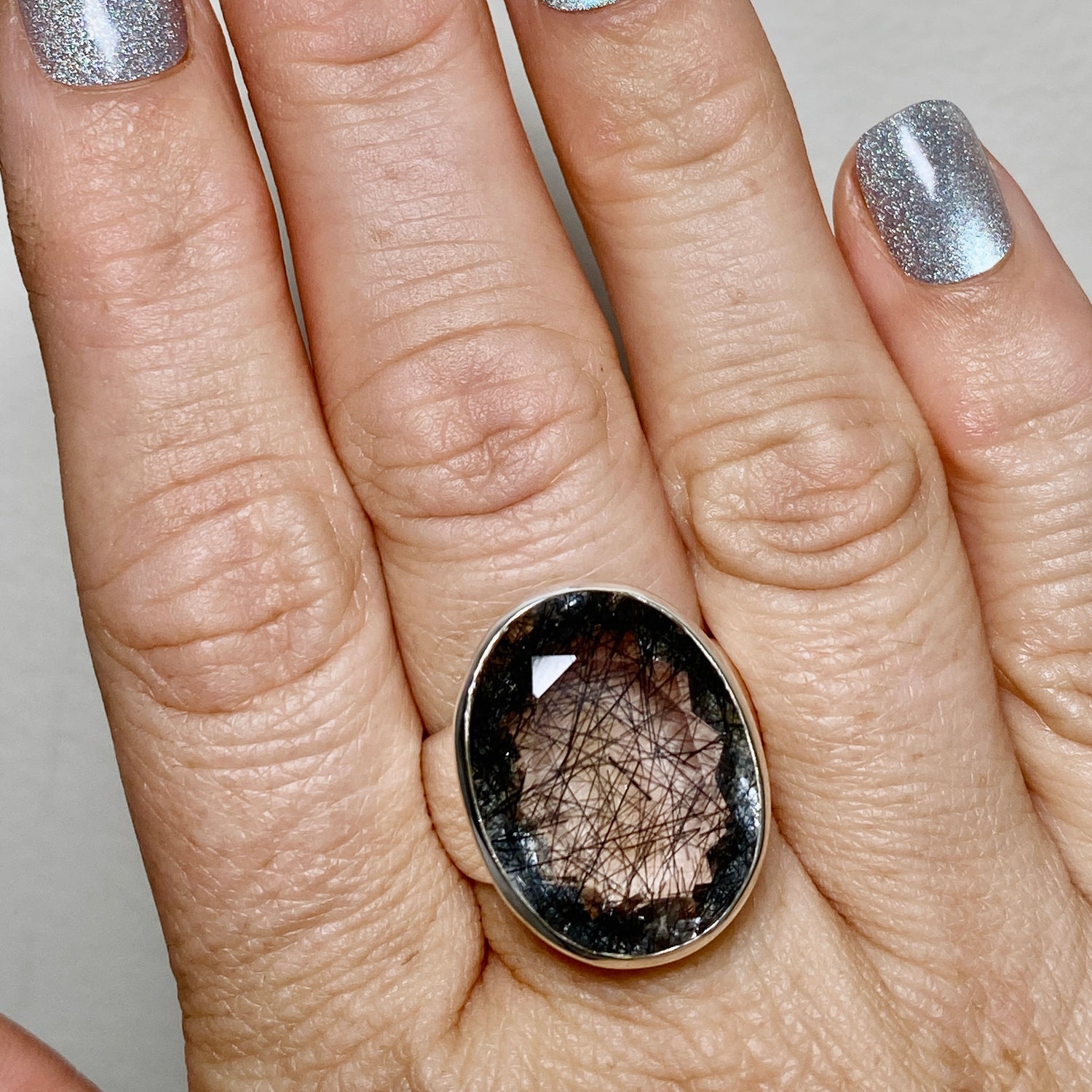 Tourmalinated Quartz Oval Faceted Ring Size 8.5 PRGJ904