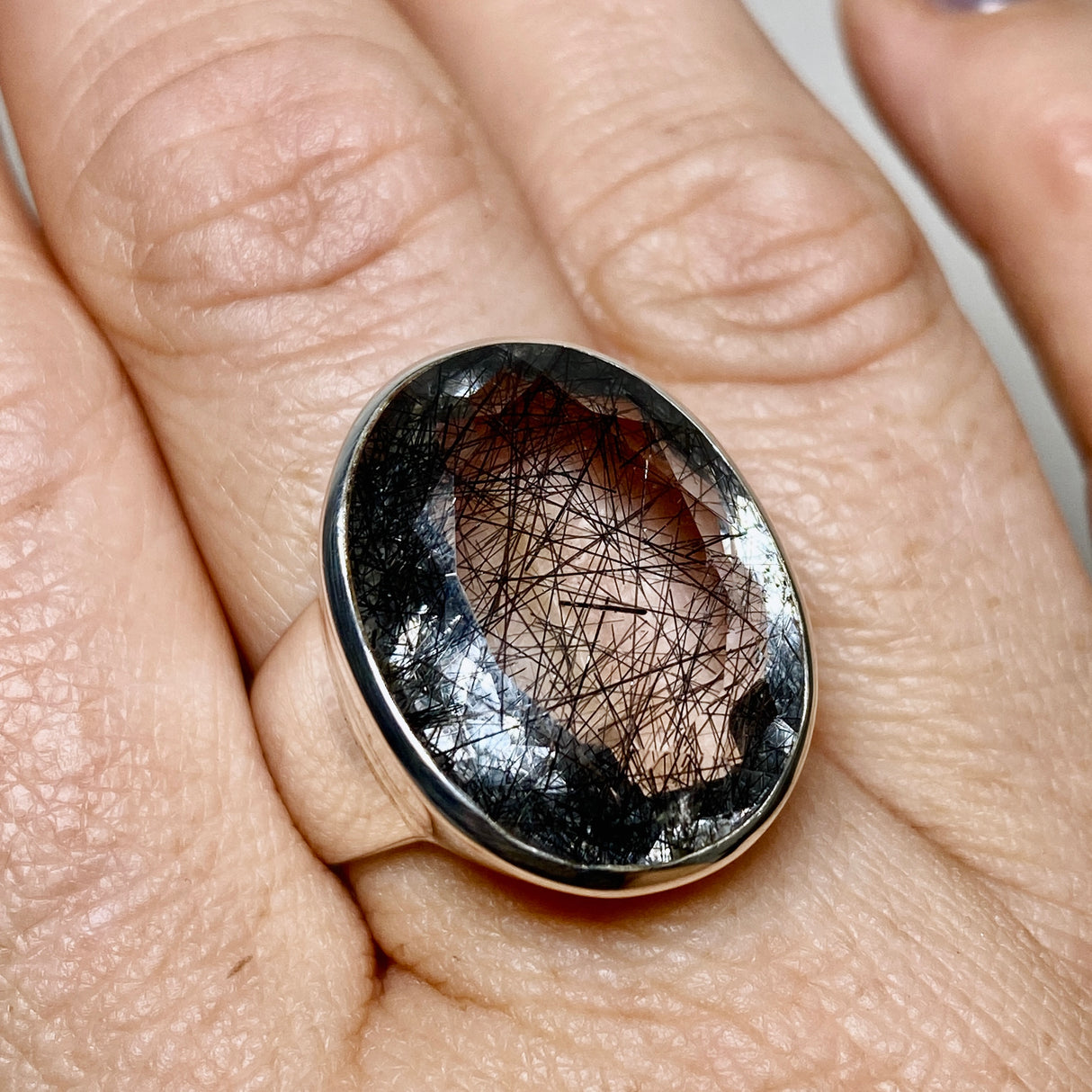 Tourmalinated Quartz Oval Faceted Ring Size 8.5 PRGJ904