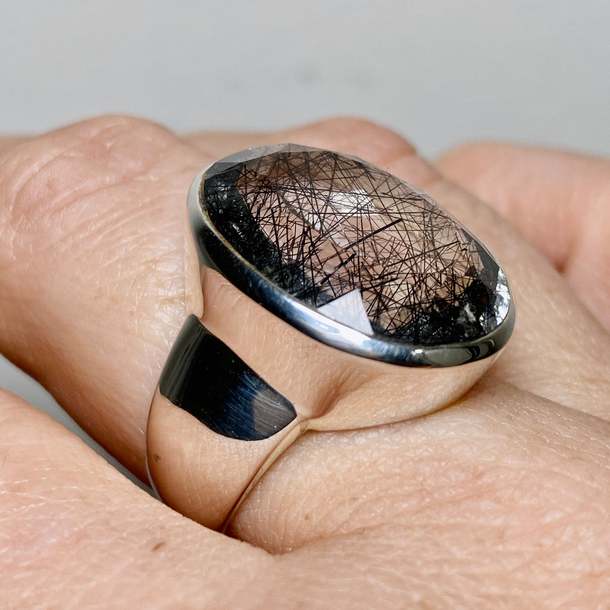 Tourmalinated Quartz Oval Faceted Ring Size 8.5 PRGJ904