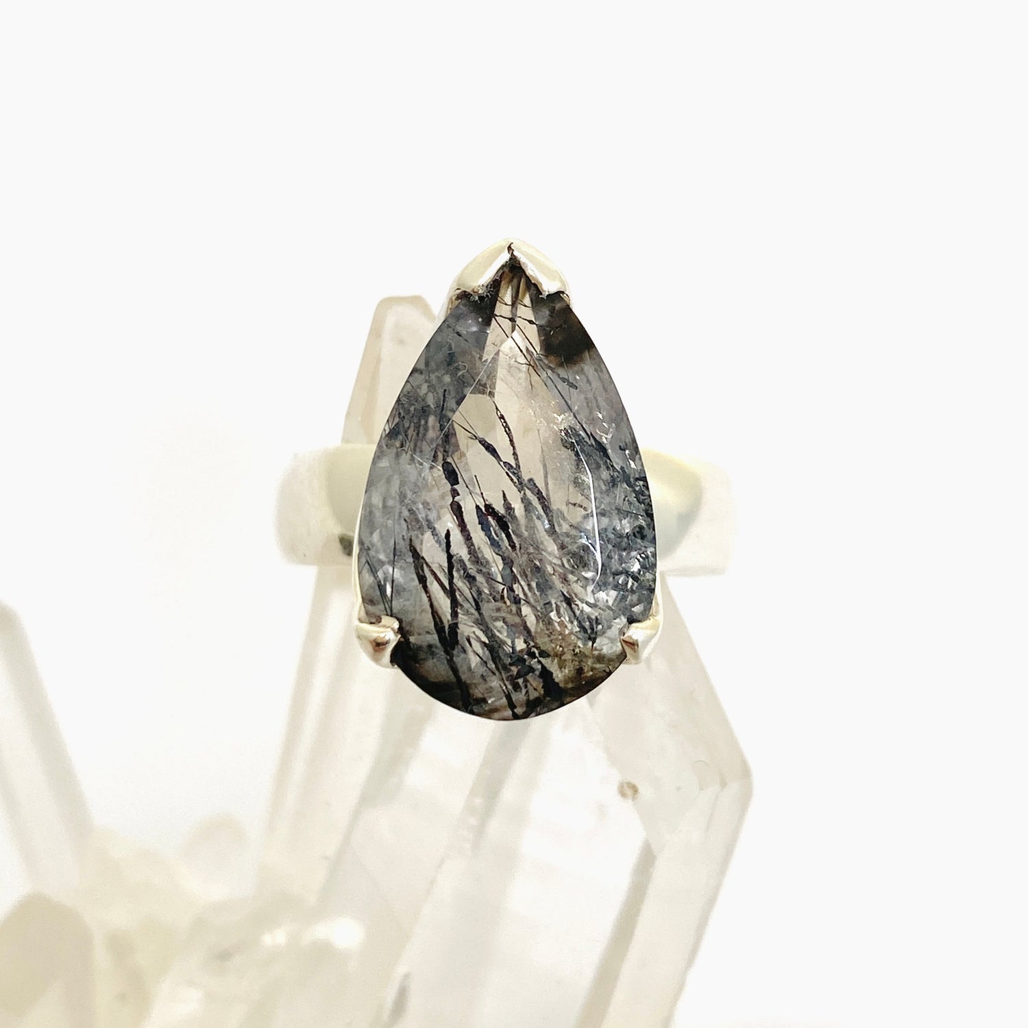 Tourmalinated Quartz Teardrop Faceted Ring Size 7 PRGJ905