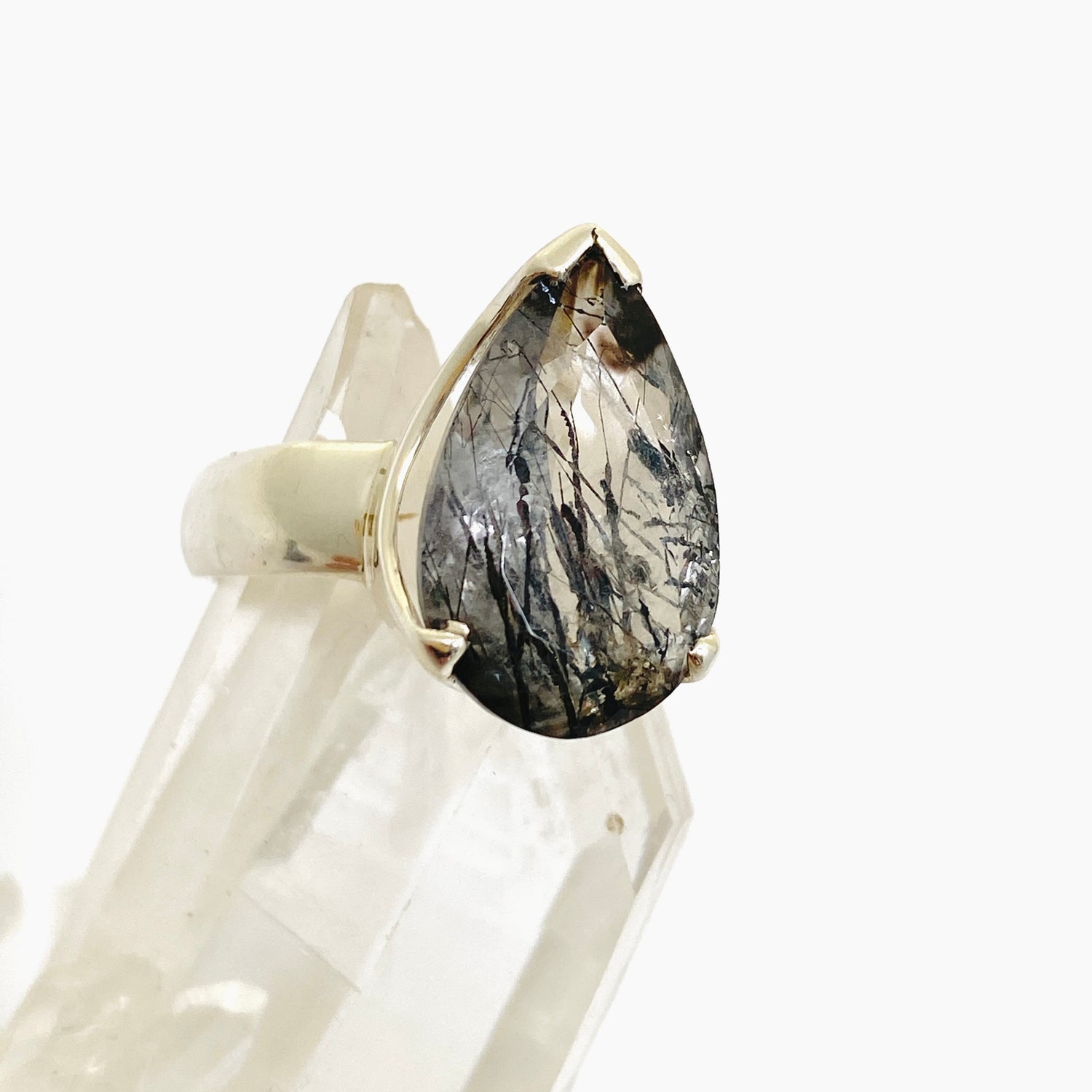 Tourmalinated Quartz Teardrop Faceted Ring Size 7 PRGJ905