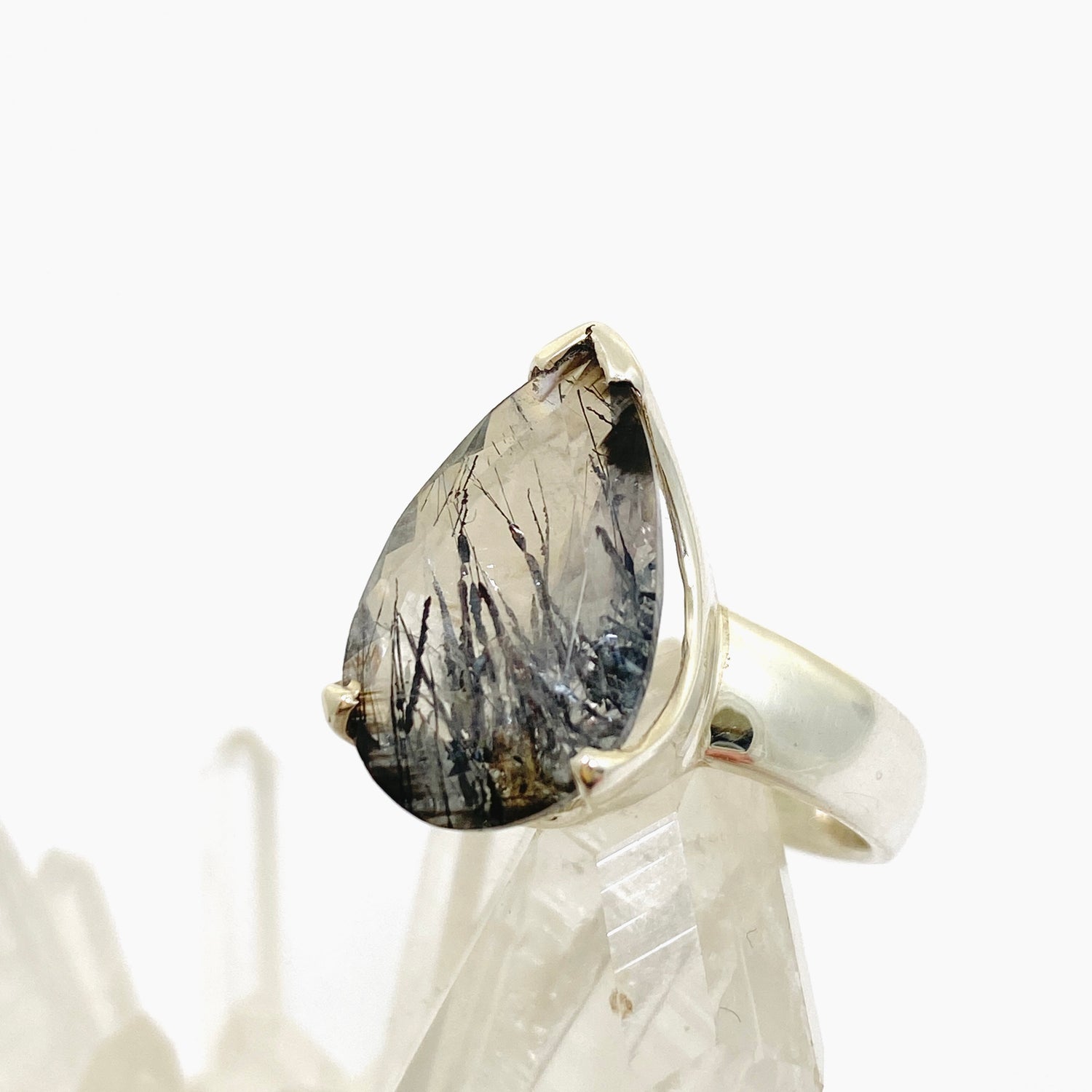 Tourmalinated Quartz Teardrop Faceted Ring Size 7 PRGJ905