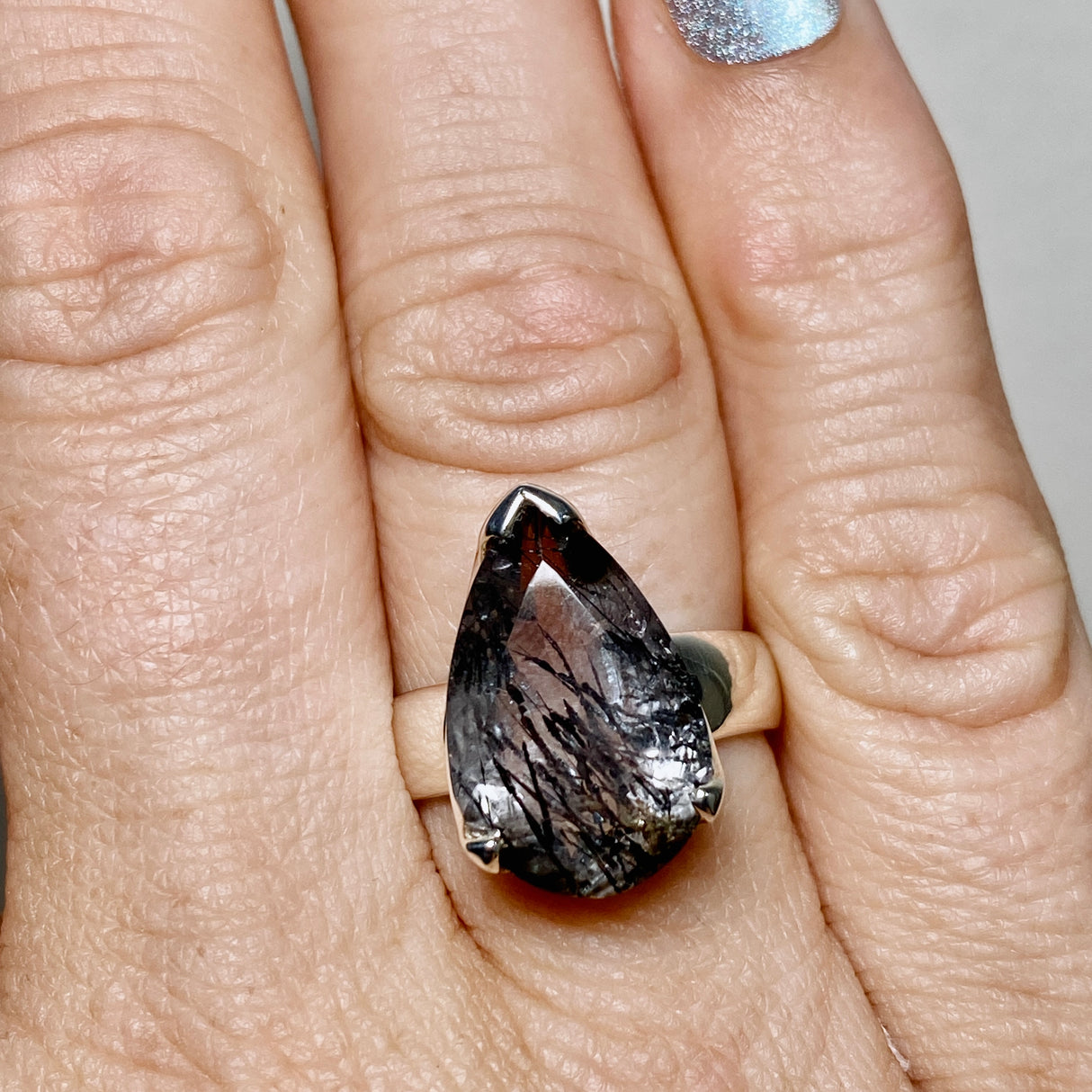 Tourmalinated Quartz Teardrop Faceted Ring Size 7 PRGJ905