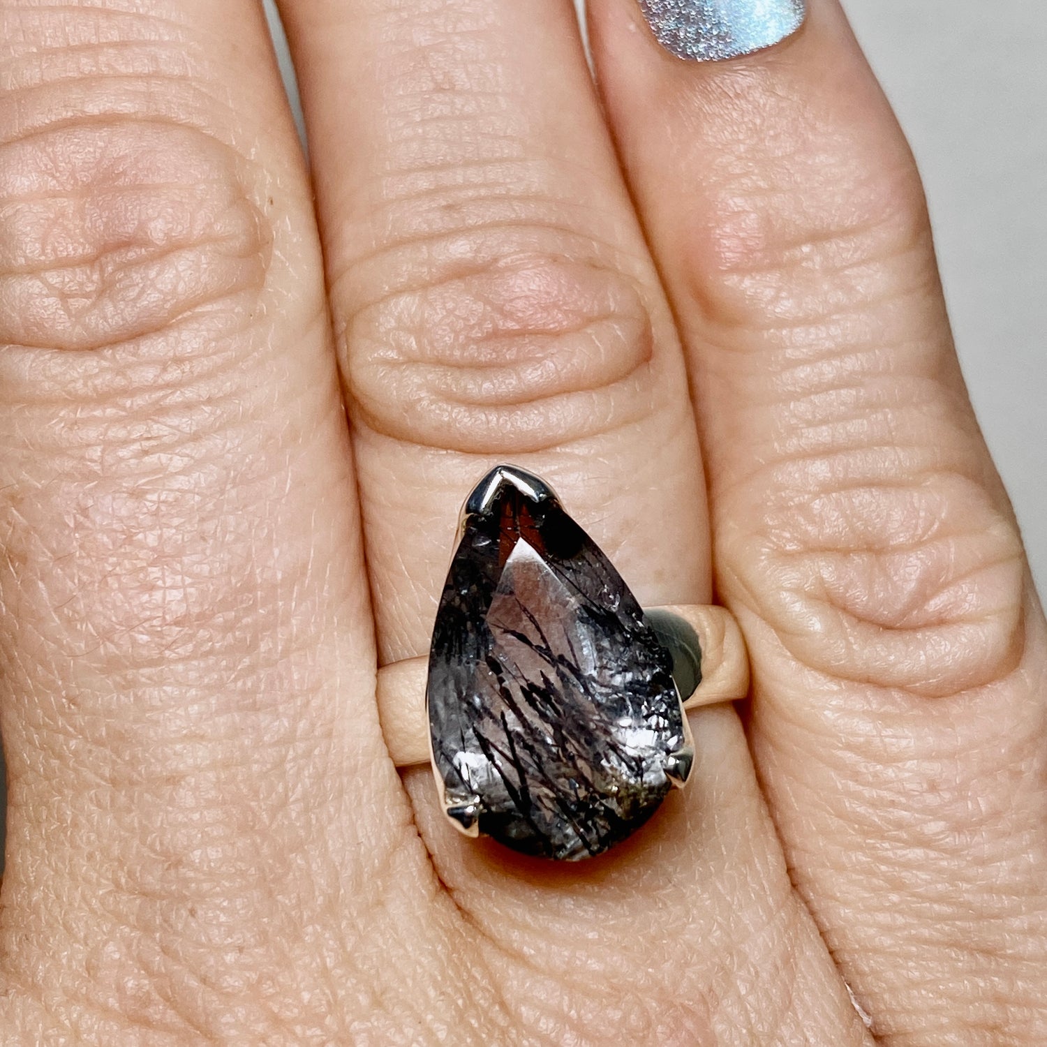 Tourmalinated Quartz Teardrop Faceted Ring Size 7 PRGJ905