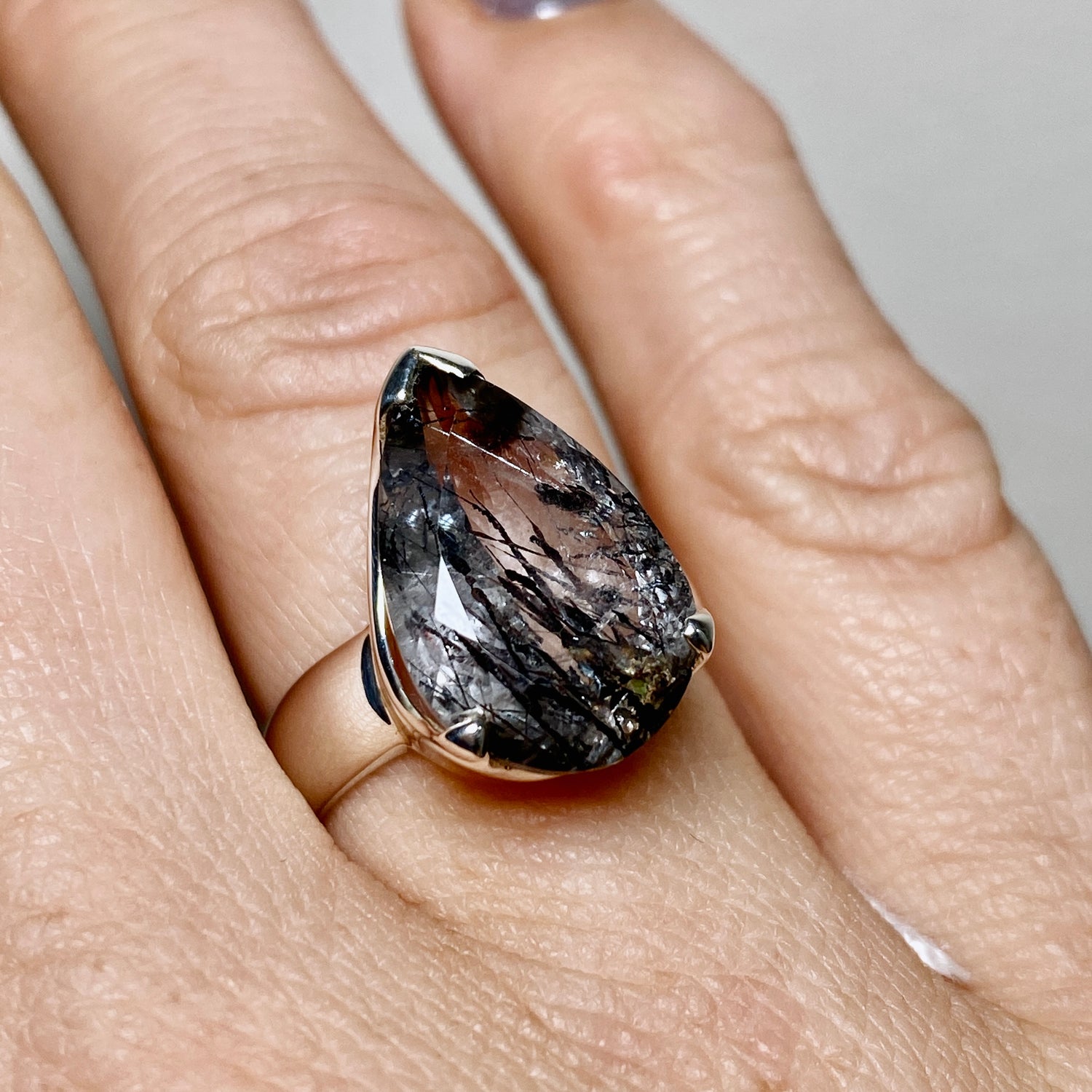 Tourmalinated Quartz Teardrop Faceted Ring Size 7 PRGJ905
