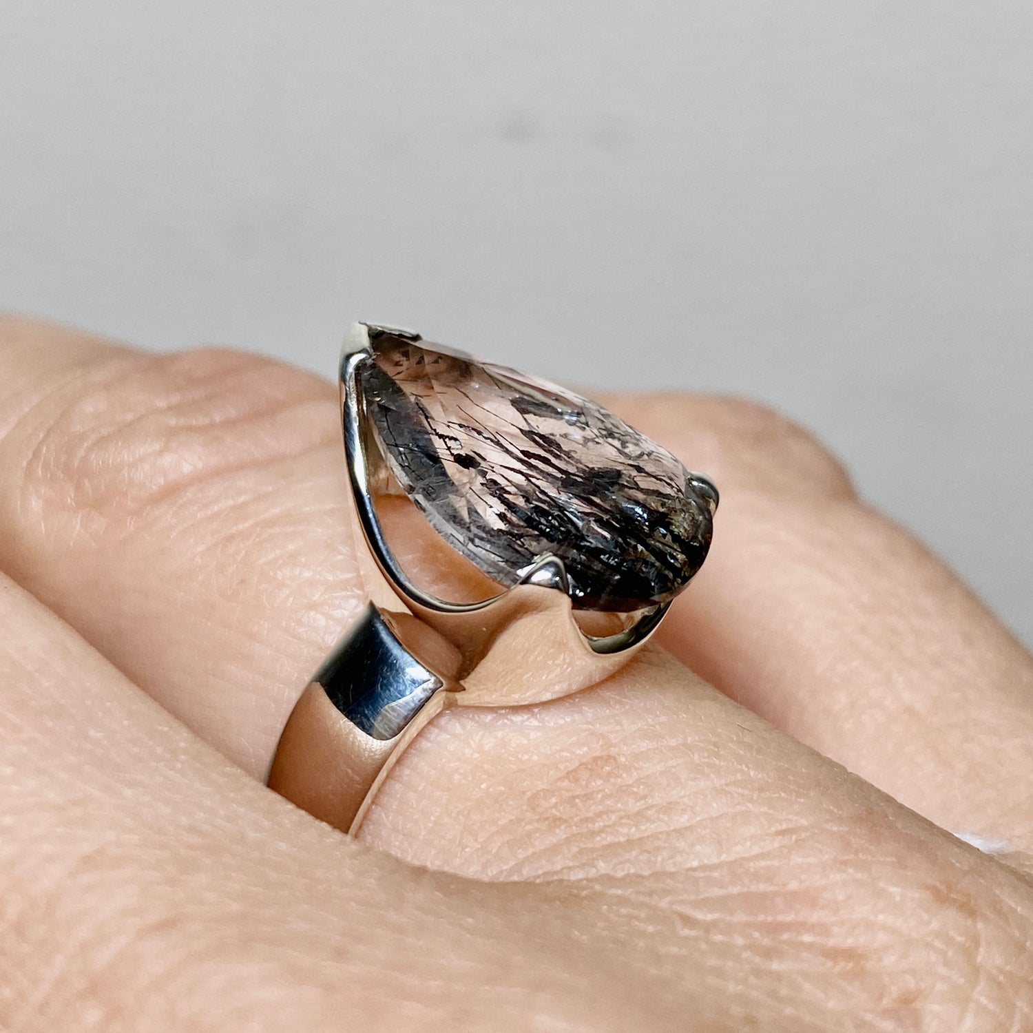 Tourmalinated Quartz Teardrop Faceted Ring Size 7 PRGJ905