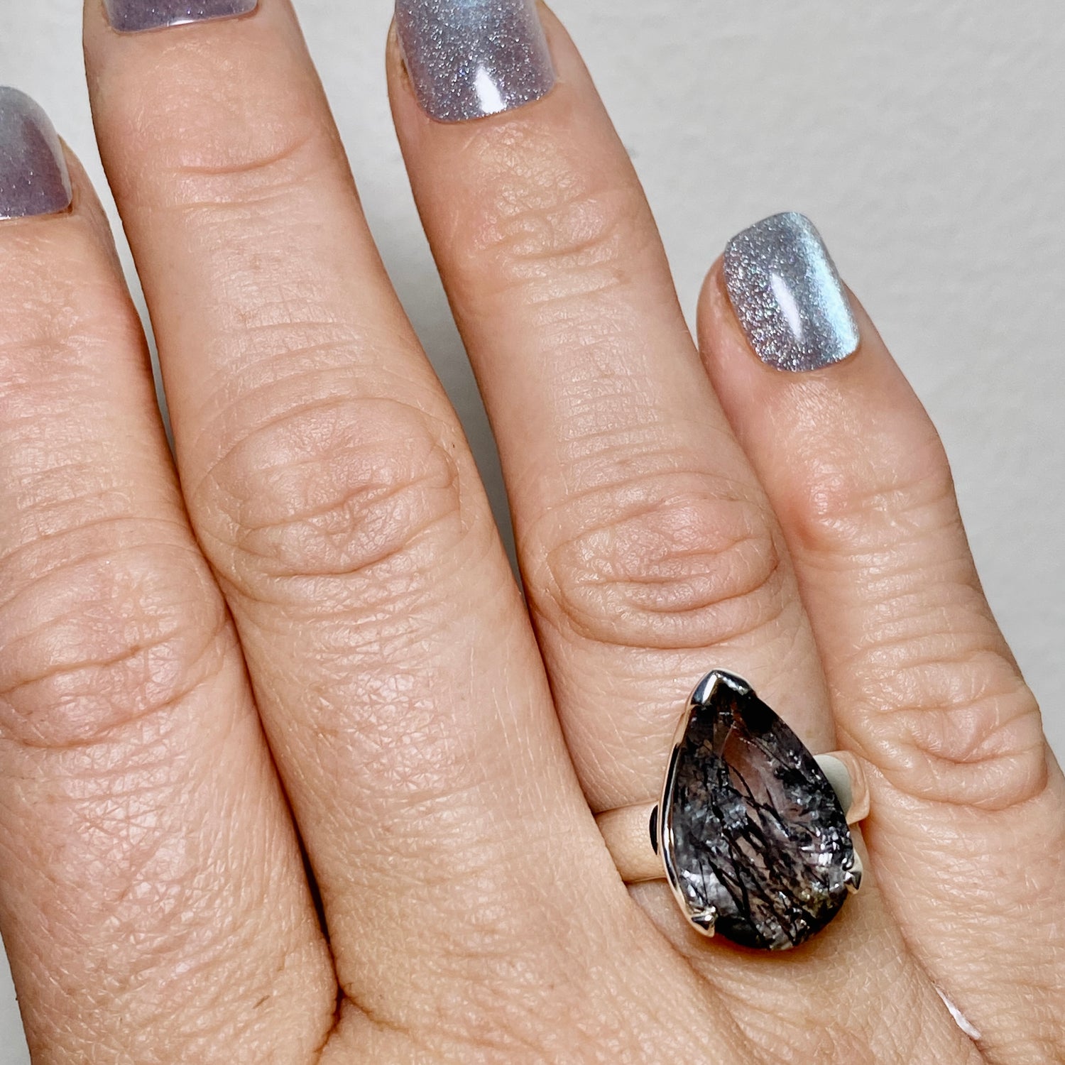 Tourmalinated Quartz Teardrop Faceted Ring Size 7 PRGJ905