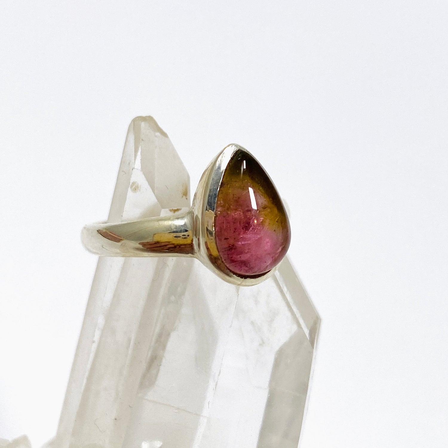 Watermelon Tourmaline Teardrop Cabochon Ring Size 5.5 PRGJ745