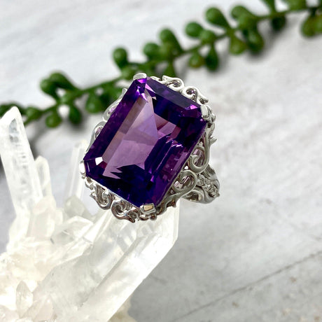Amethyst emerald cut ring with CZ accent s.8 HRGJ-35 - Nature's Magick
