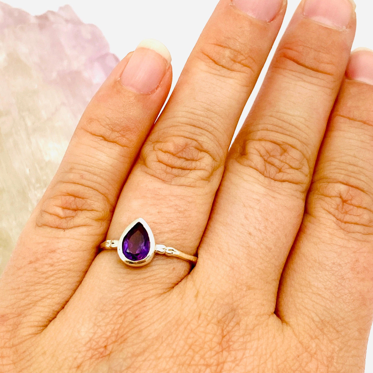 Amethyst Teardrop Faceted Fine Band Ring R3691-AM - Nature's Magick