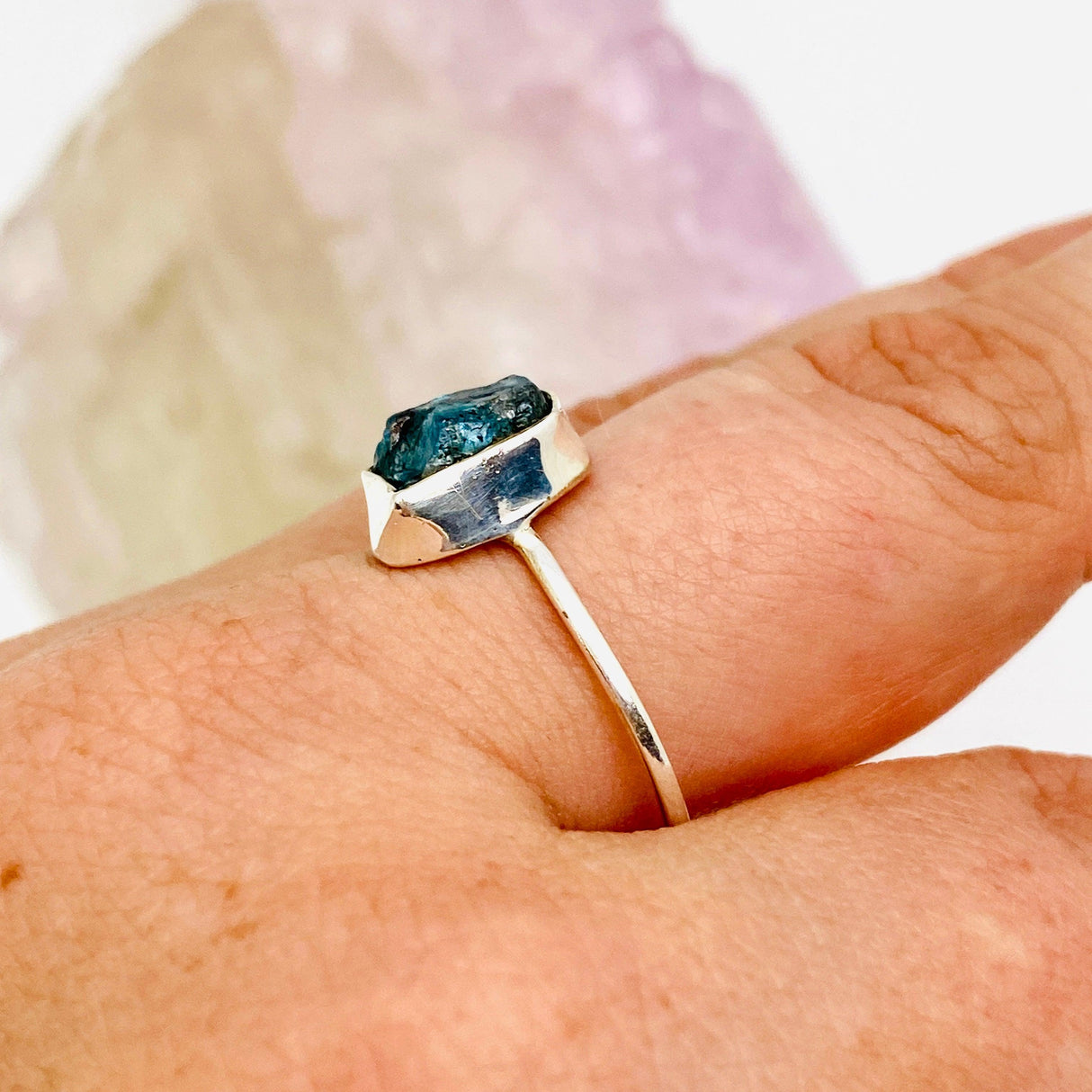 Blue Apatite Raw Crystal Fine Band Ring R3701-BAP - Nature's Magick