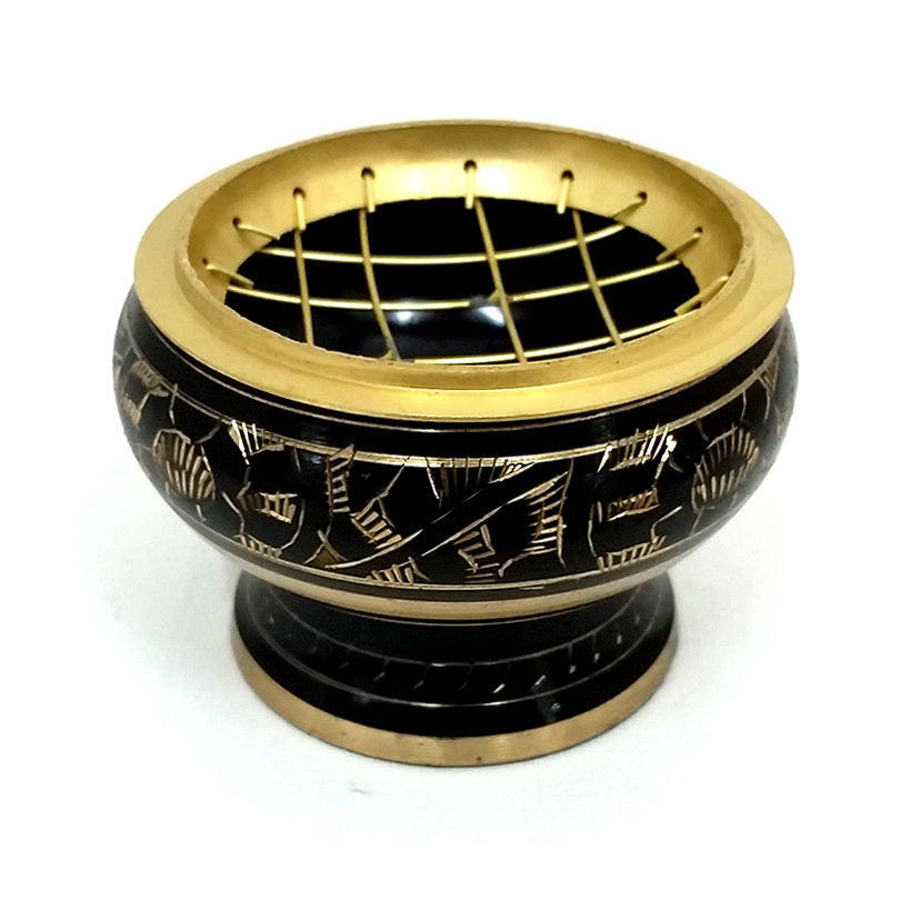 Brass Charcoal Burner with etching - small black