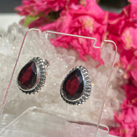 Garnet decorative faceted teardrop stud earrings KEGJ1066 - Nature's Magick