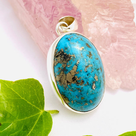 Iranian Turquoise with Pyrite oval cabochon pendant KPGJ1656 - Nature's Magick