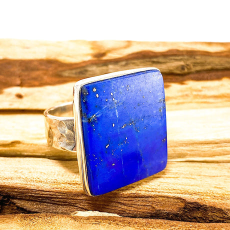 Lapis Lazuli from Chile Square Cabochon Ring with Hammered Band Size 11 KRGJ1432 - Nature's Magick