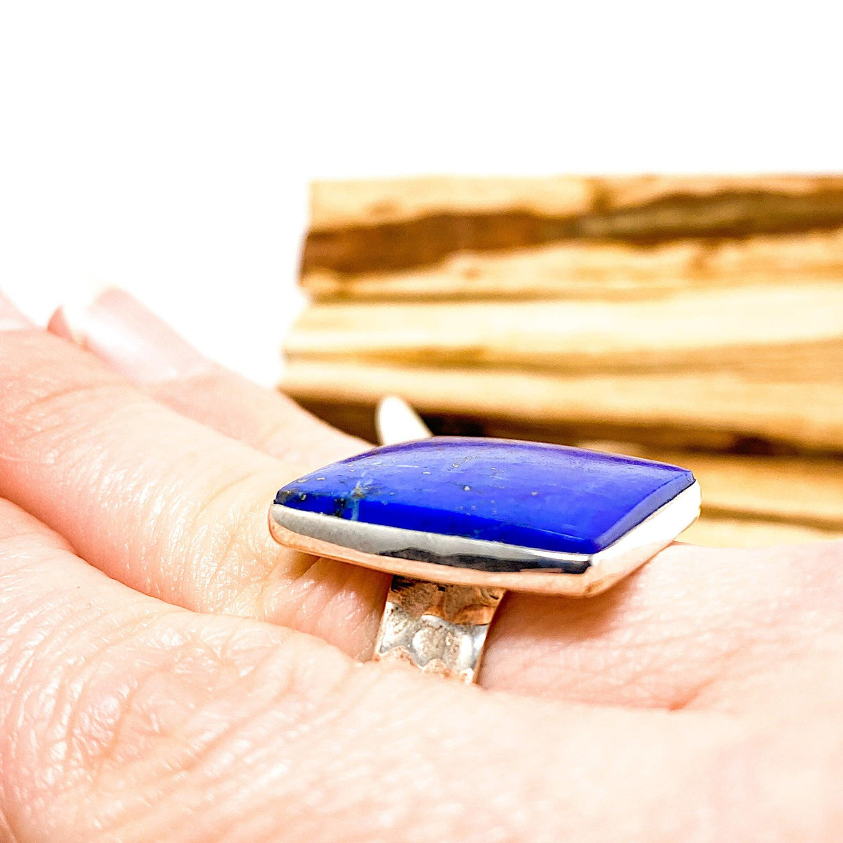 Lapis Lazuli from Chile Square Cabochon Ring with Hammered Band Size 11 KRGJ1432 - Nature's Magick