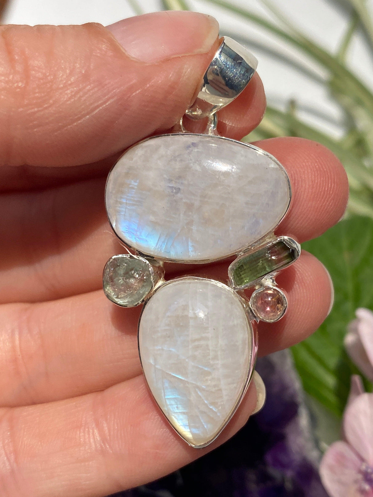 Moonstone multi pendant with aquamarine and tourmaline 14.6g - Nature's Magick