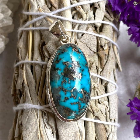 Persian turquoise with pyrite oval pendant KPGJ3193 - Nature's Magick