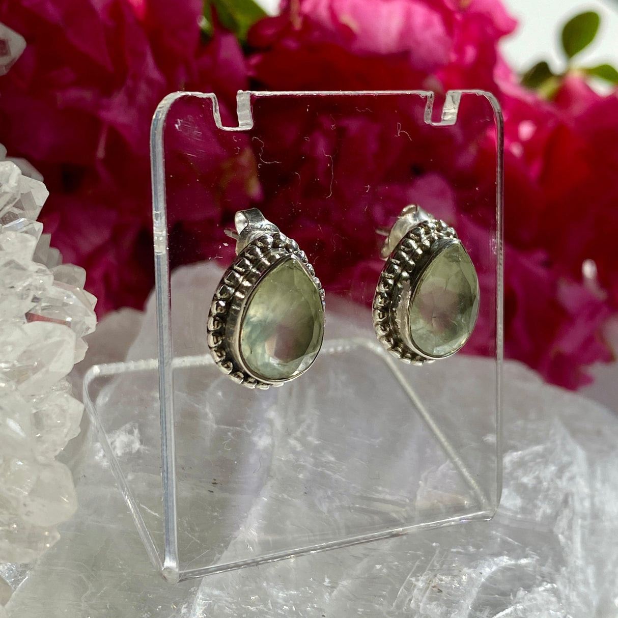 Prehnite decorative faceted teardrop stud earrings KEGJ1069 - Nature's Magick