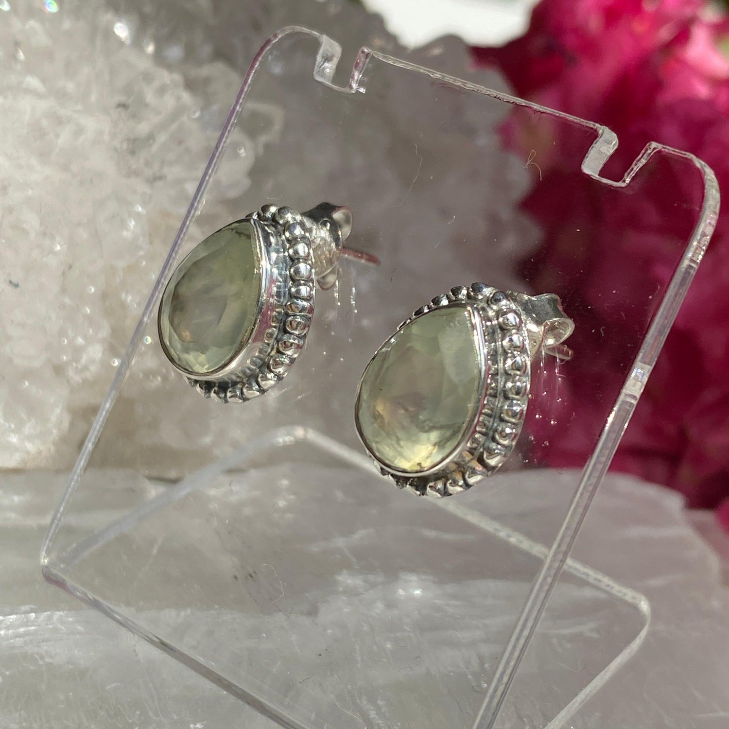 Prehnite decorative faceted teardrop stud earrings KEGJ1069 - Nature's Magick