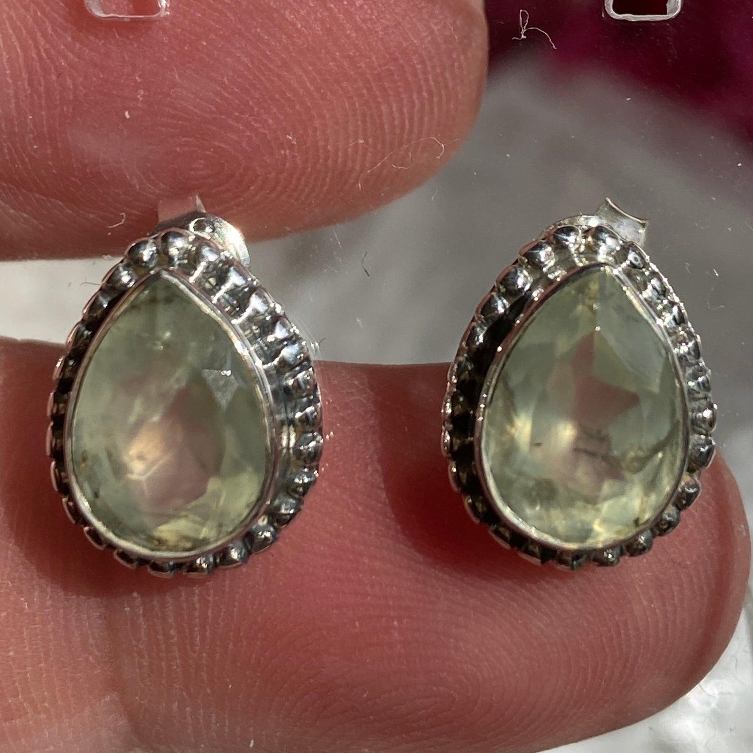 Prehnite decorative faceted teardrop stud earrings KEGJ1069 - Nature's Magick